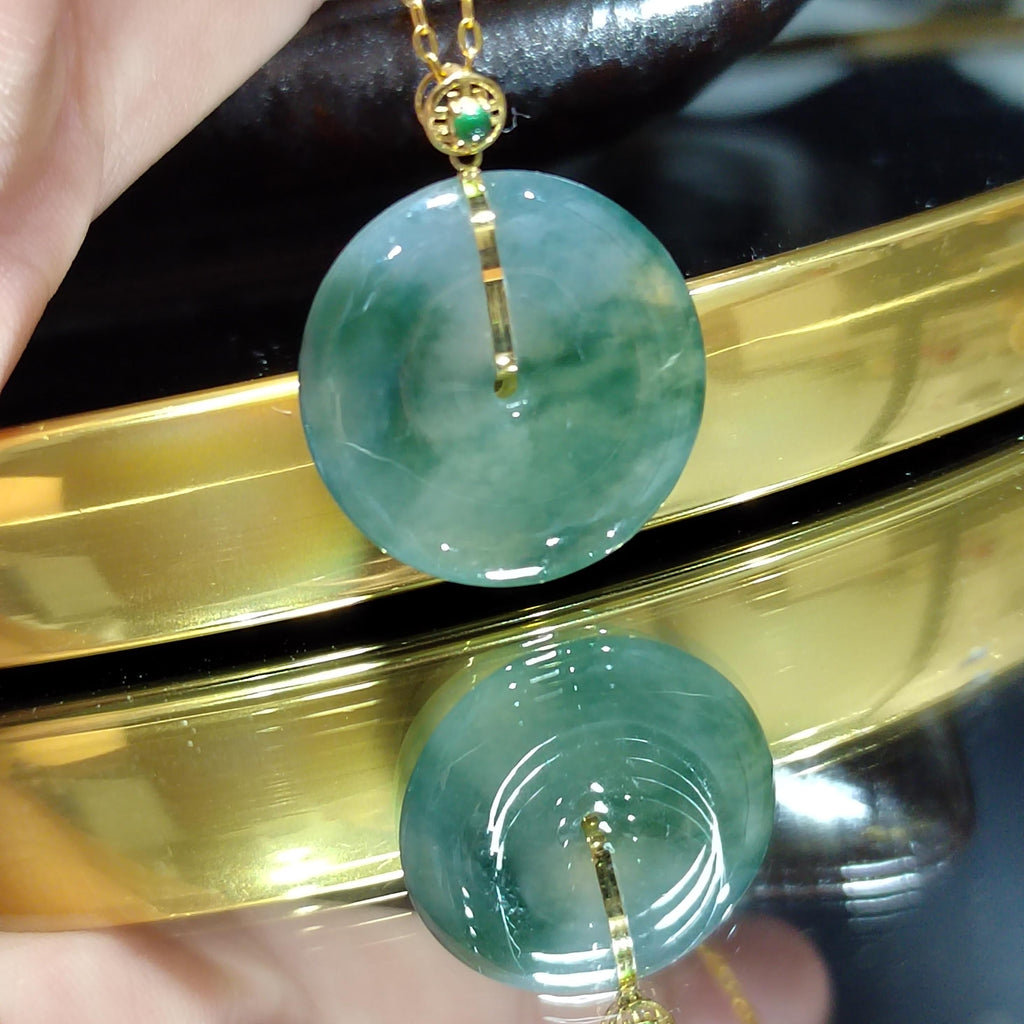 Certified A-Grade Natural Untreated Burmese Dynasty Design Icy Floral Green Donut Jadeite Pendant 冰飘花 G18K SL375