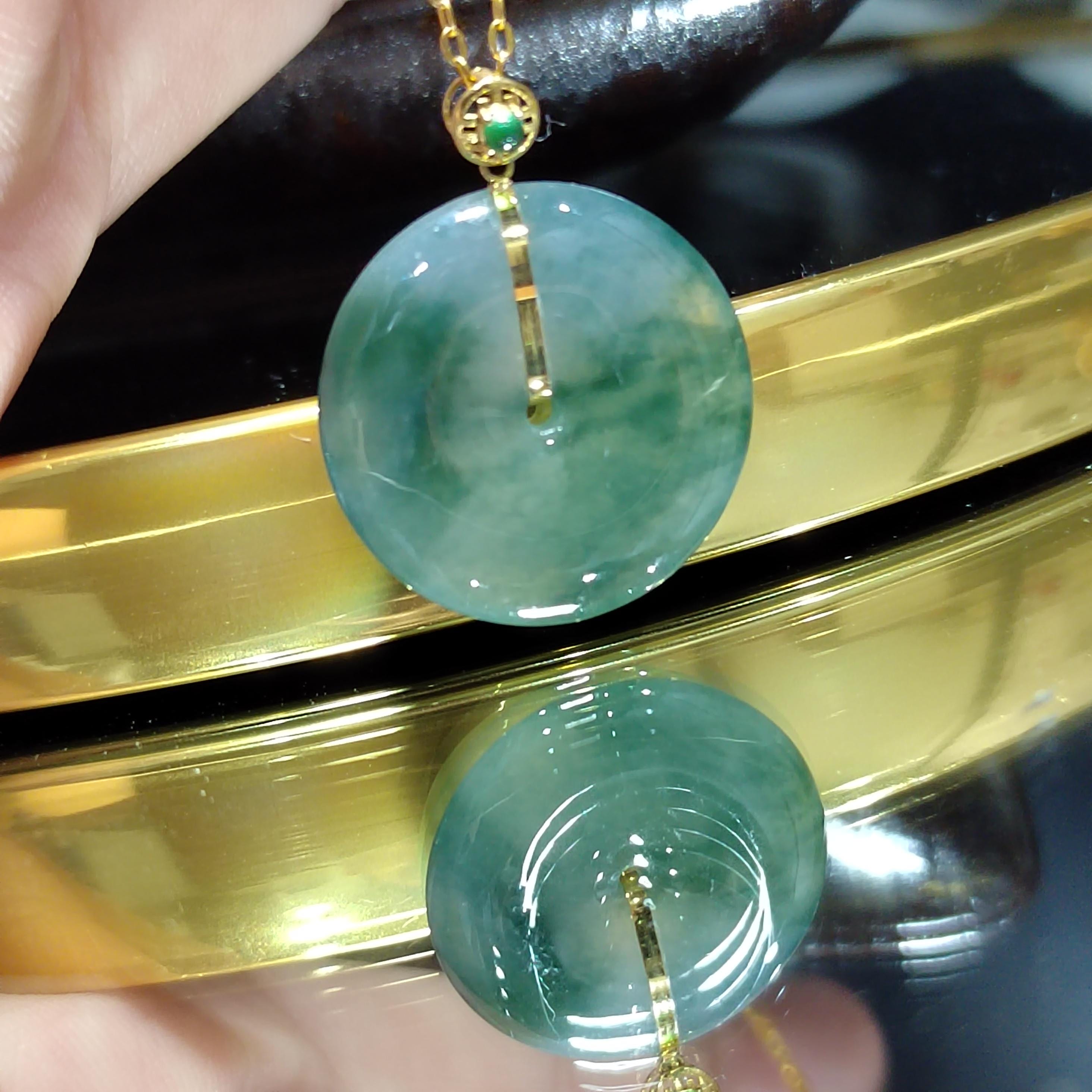 Certified A-Grade Natural Untreated Burmese Dynasty Design Icy Floral Green Donut Jadeite Pendant 冰飘花 G18K SL375
