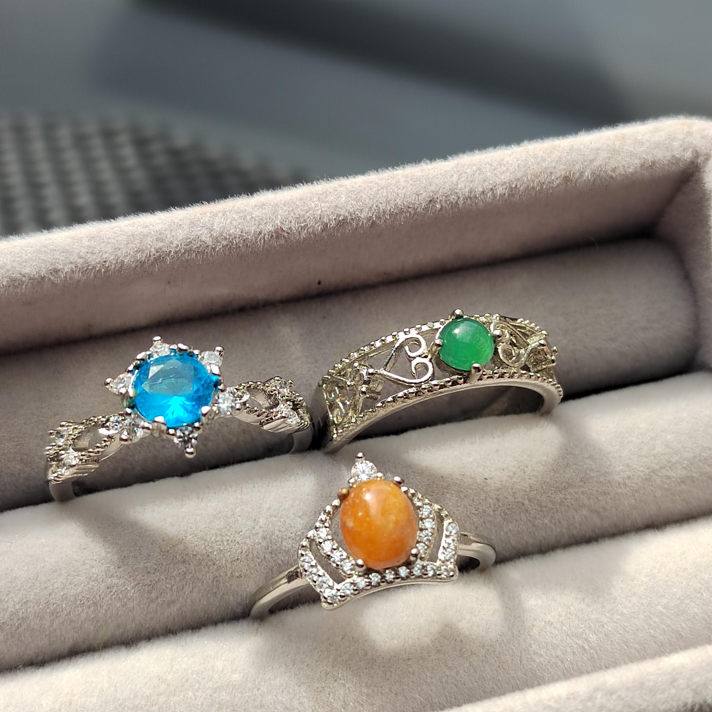 Natural Jadeite & Light Blue Topaz Ring Set | Yellow, Green, Sky Blue Stones | Gold Plated Brass | Gift Ready SL410 - SL Precious