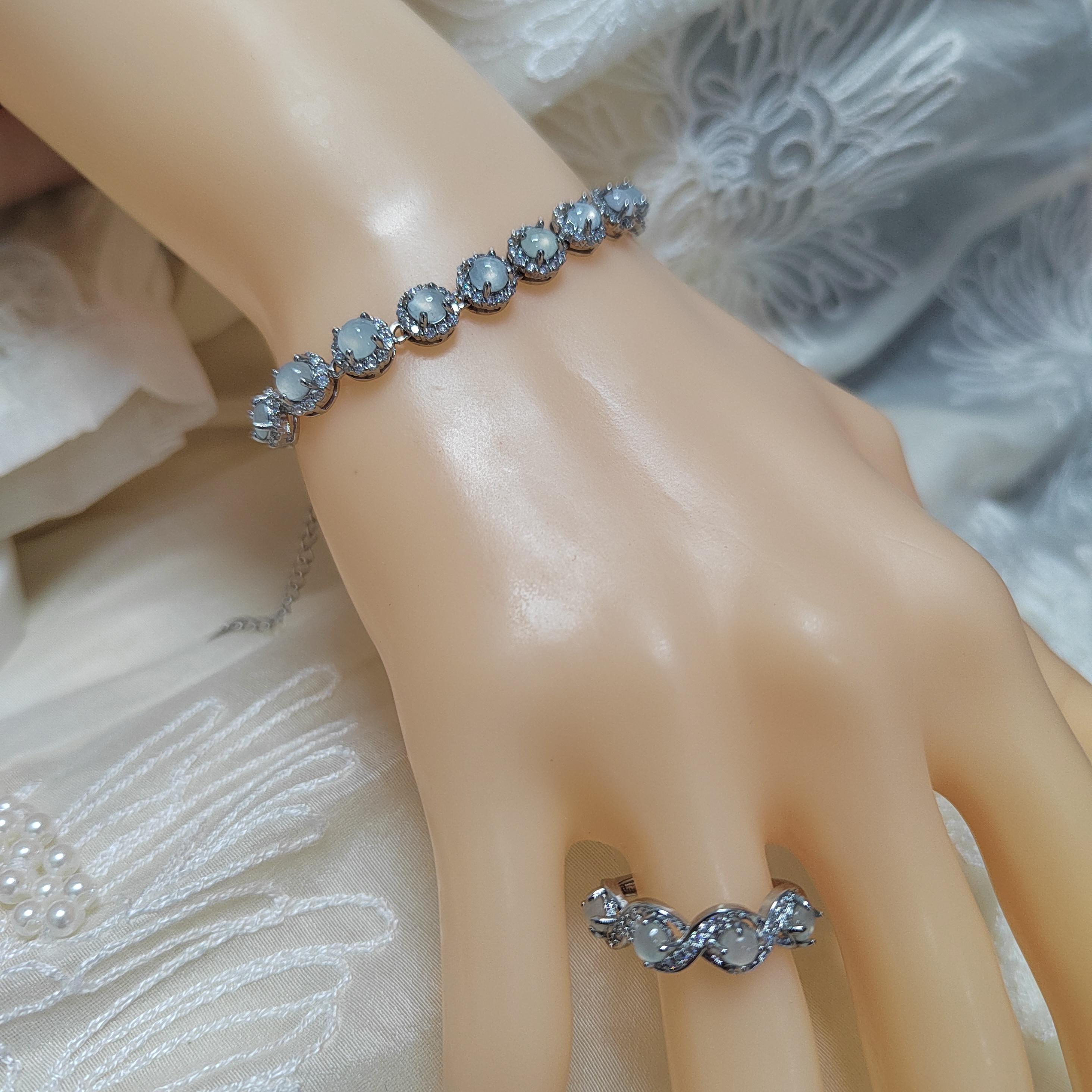 4pcs Set Women Burmese Gemstone A Grade Natural Untreated White Icy Zirconia Jadeite Earrings, Ring, Necklace, Bracelets SL130