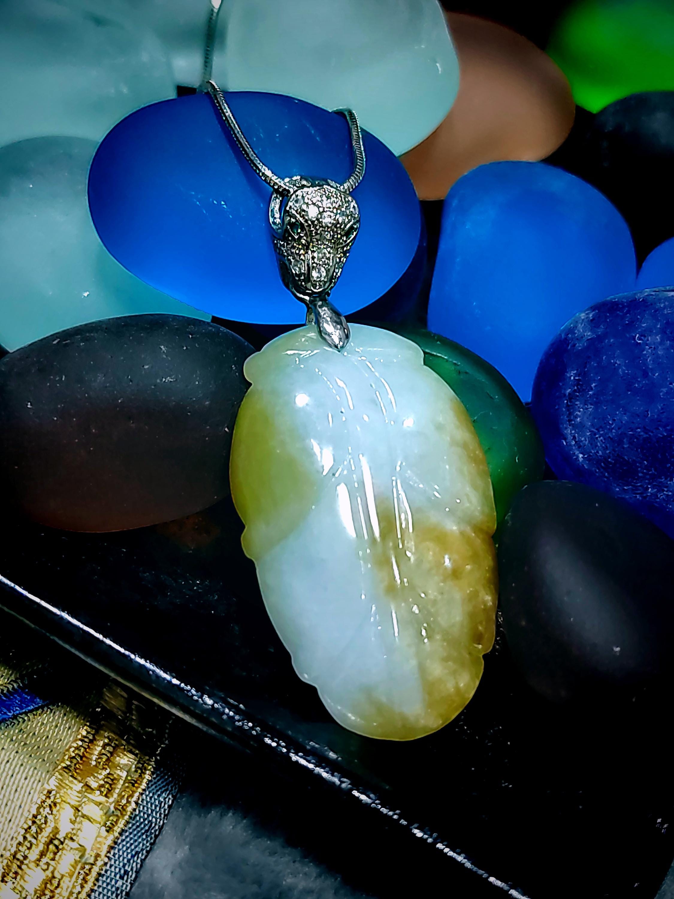 Luxurious Yellow Jadeite Leaf Pendant - Exquisite Panther Bail, 925 Sterling Silver Plated with 18K White Gold SL8000 - SL Precious
