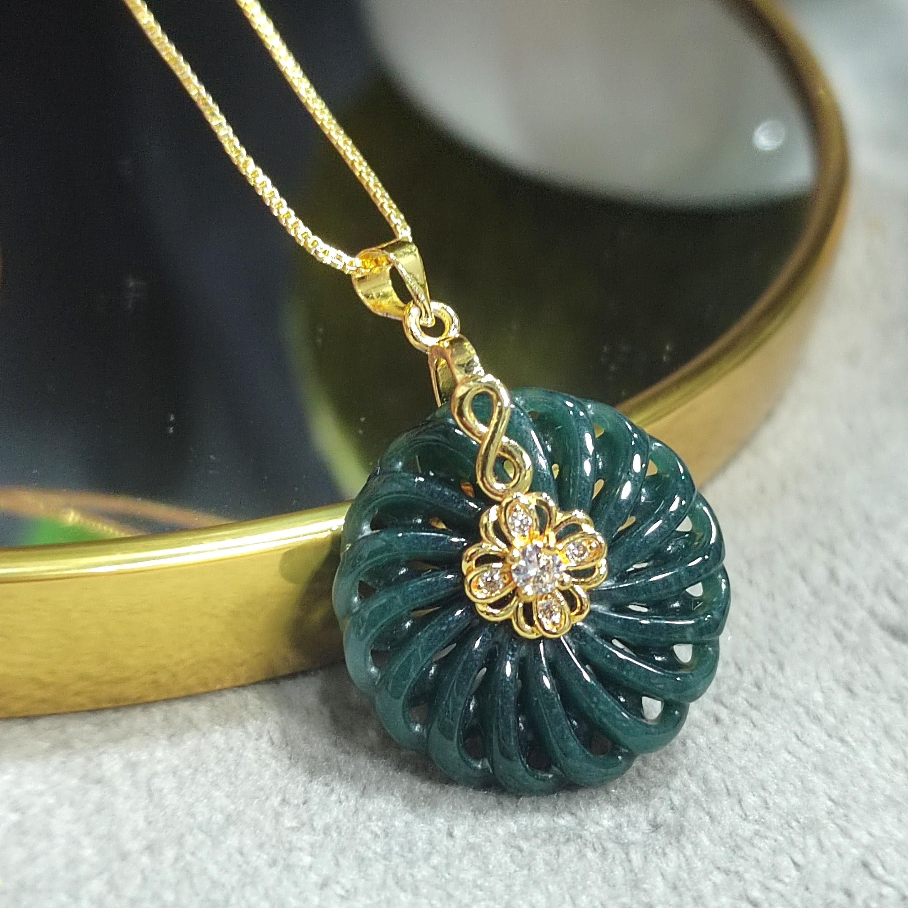 Hand Carved Guatemala Round Flower Lucky Spin Dark Green Natural Untreated Jadeite Pendant SL076 - SL Precious