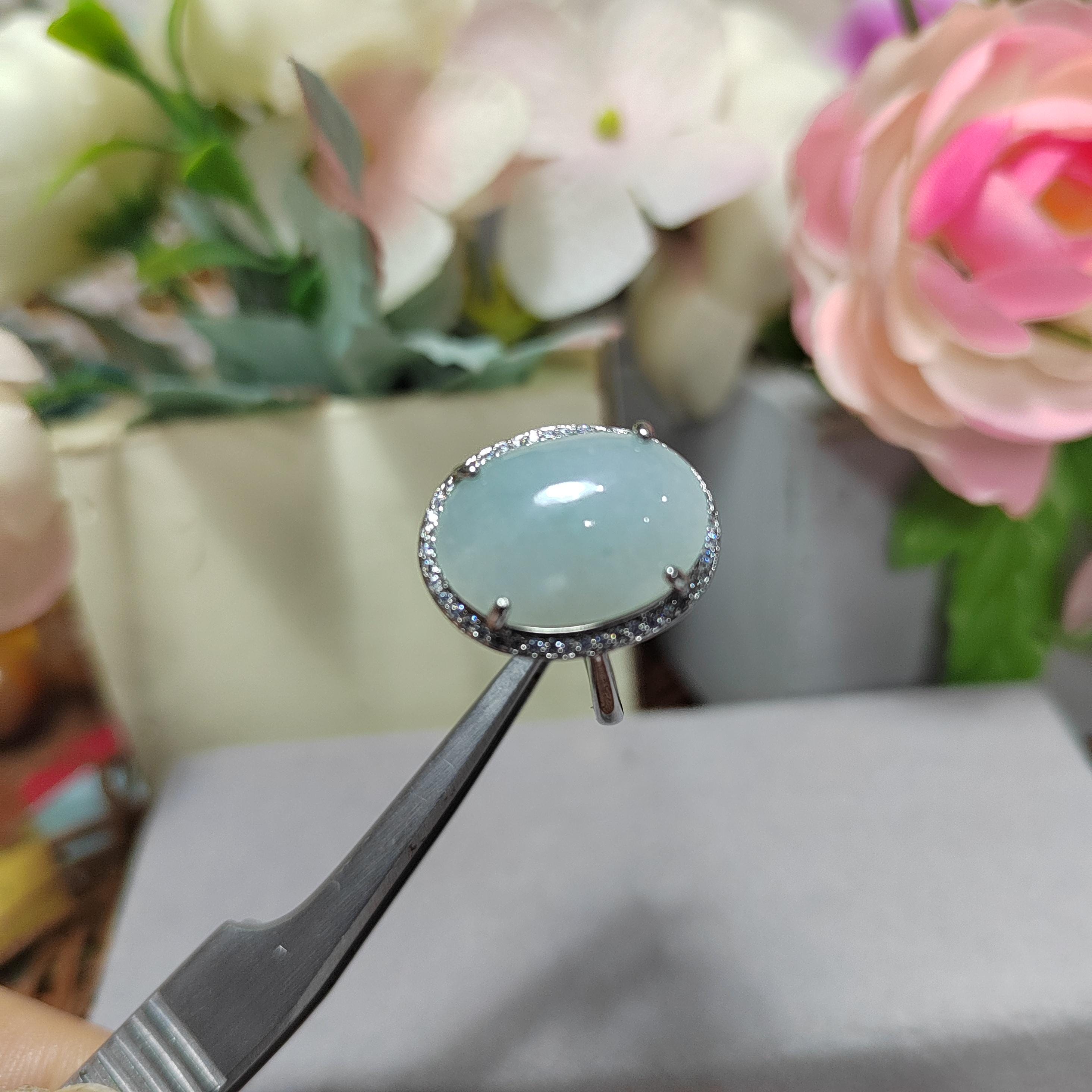 Burmese A-Grade Natural White Icy Blue Jadeite Ring | Floral Zirconia Adjustable SL085