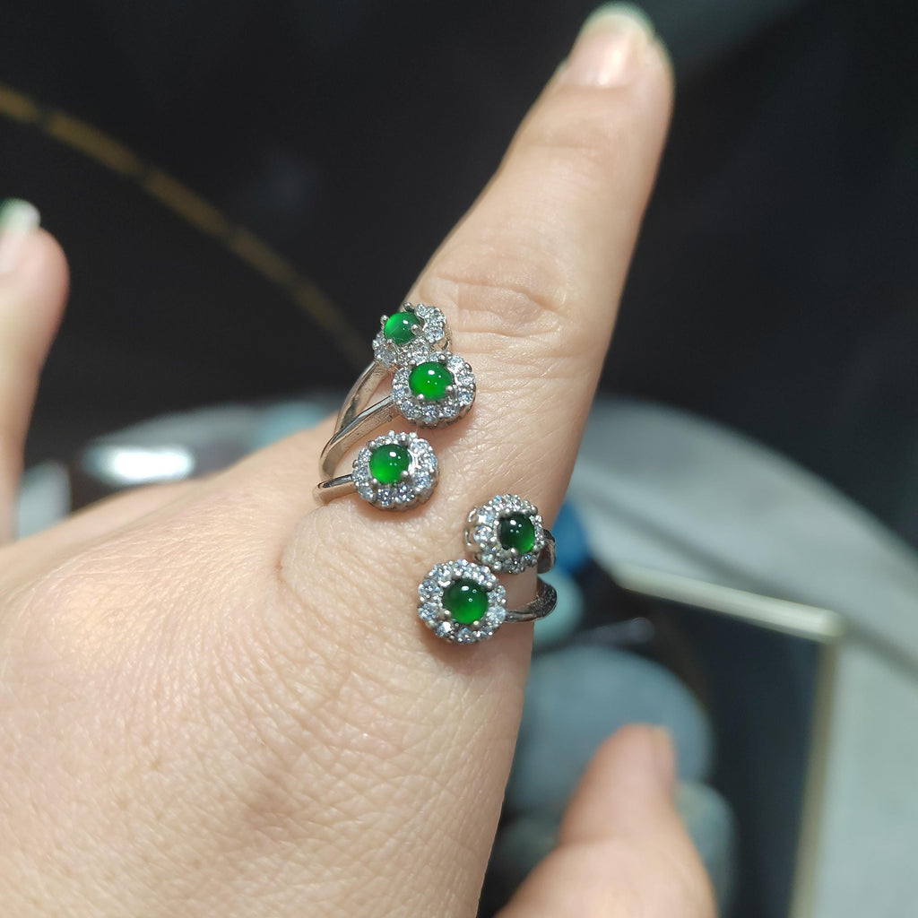 Certified Natural Untreated Guatemala Imperial Green 5pcs Flower Adjustable Design Zircon Set S925 Sterling Silver Jadeite Ring SL372