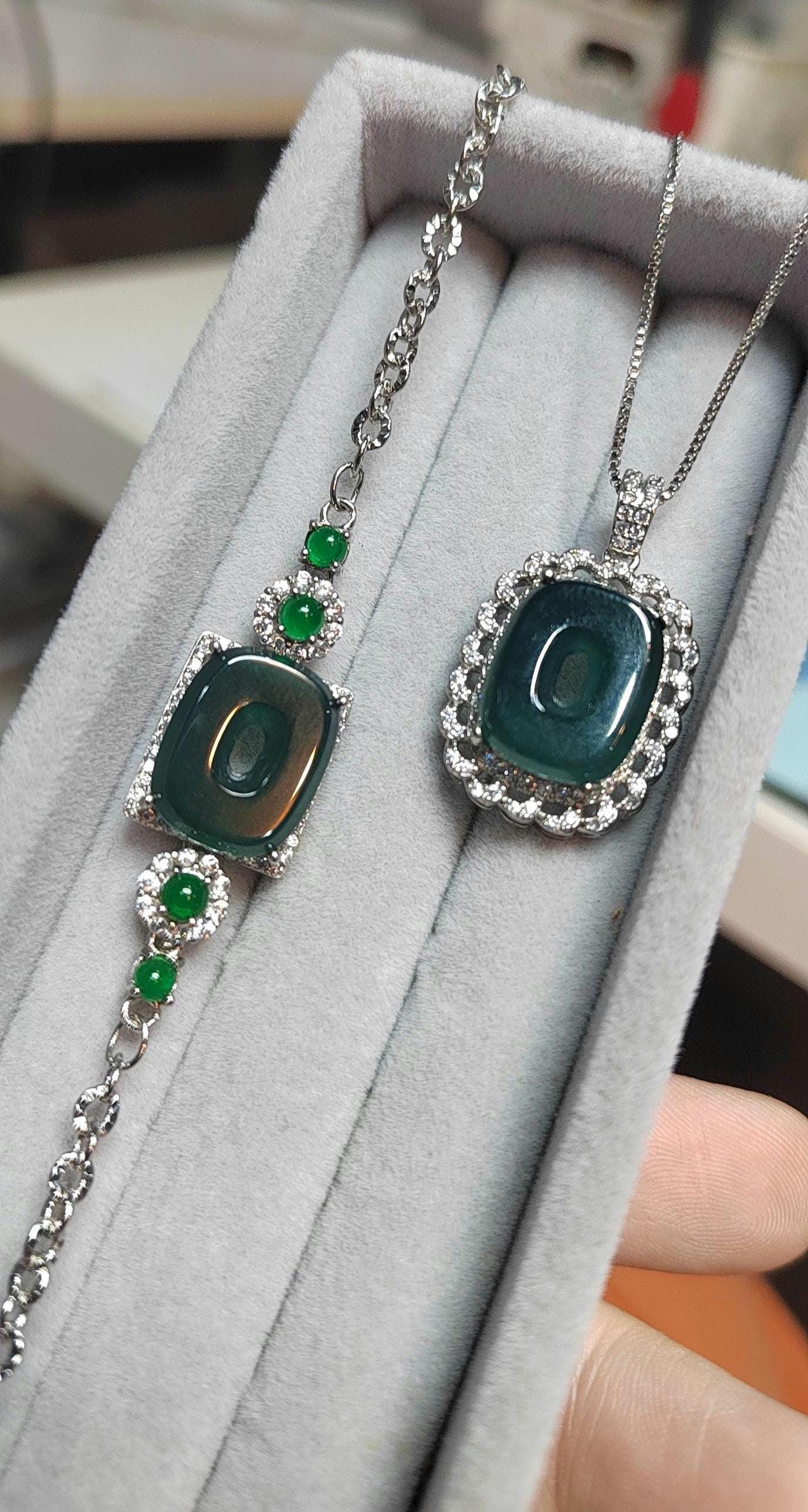 2pcs Set Square Natural Guatemala Bluish Green Bracelet Necklace 4 Imperial Green Jadeite Pendant Gemstone 925 18k Plated 老蓝水 SL053 - SL Precious