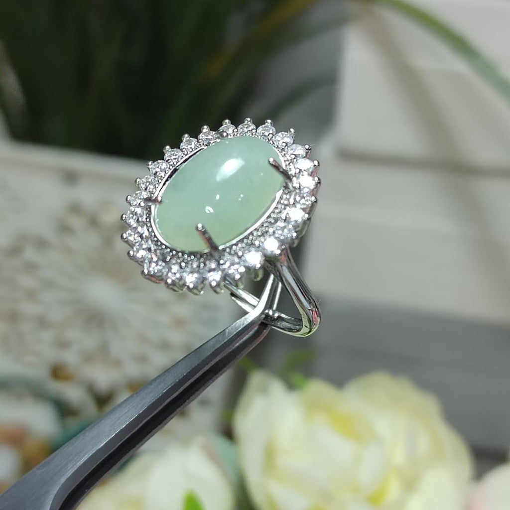 Burmese Gemstone Creamy Green Jadeite Ring | Zircon Accent | S925 Plated with 18K White Gold SL086