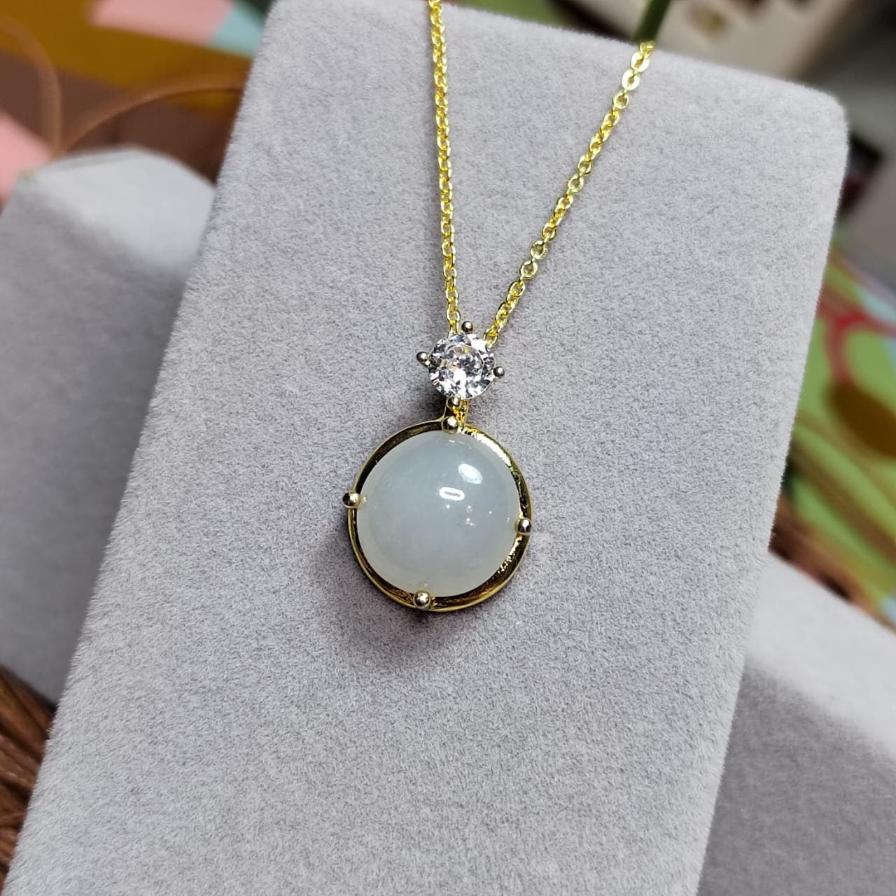 Certified Minimalist Pendant Elegant A-Grade Natural Untreated White Round Jadeite with Zirconia 18K Yellow Gold  Gift for Mom, Wife SL042 - SL Precious
