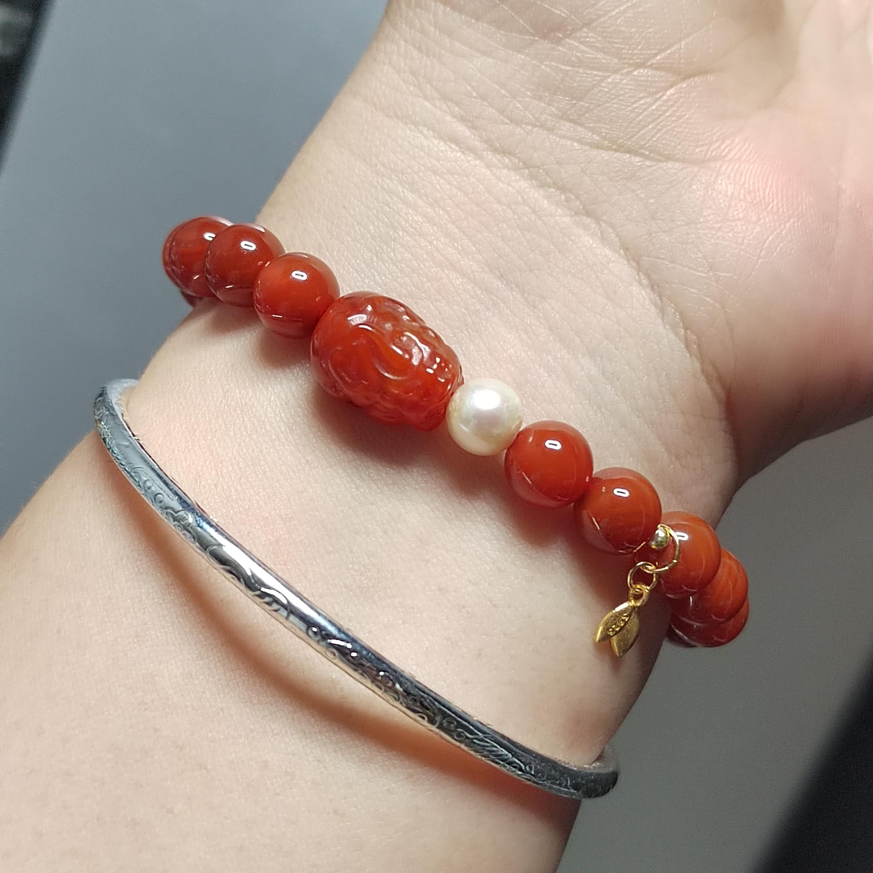 Certified Natural Untreated China Baoshan Southern Red Oily Nanhong Agate Brave Troops Bead, Fresh Water Pearl l, S925 Leaf Bracelet SL281