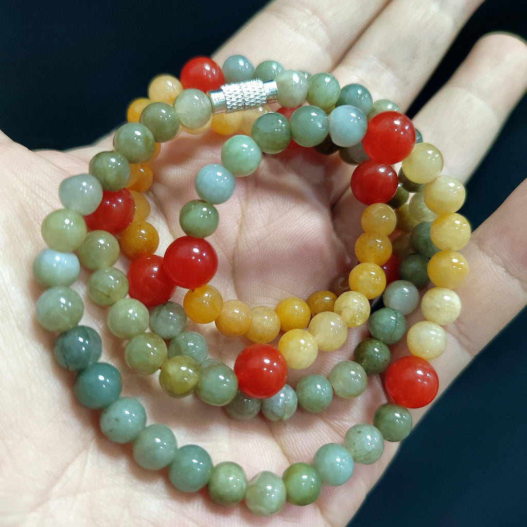 Natural Untreated Handmade Burmese Icy Yellow|Green Jadeite - Southern Yunna Baoshan Nanhong Cherry Red Bead Necklace SL363