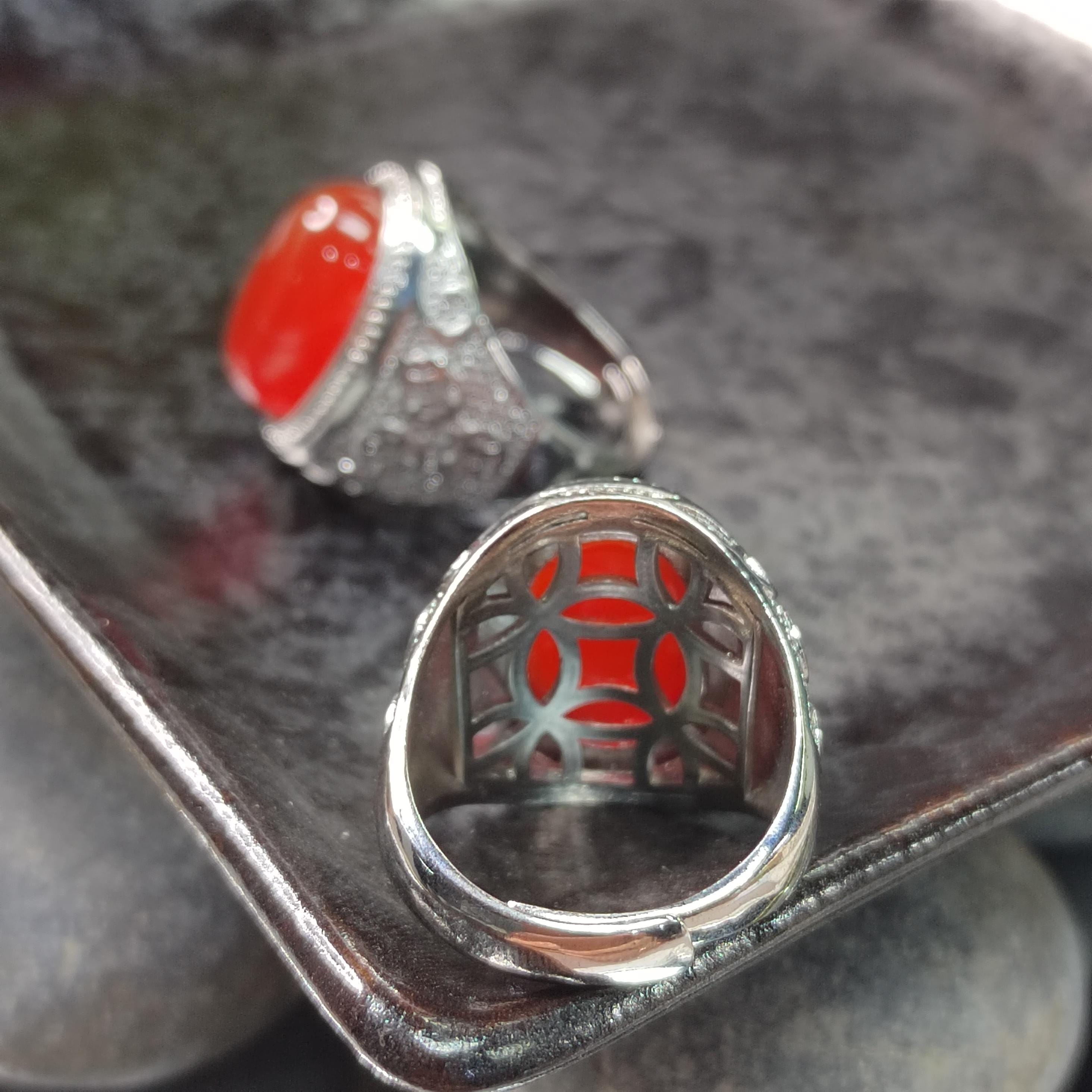 Natural Baoshan Nanhong Icy Red Agate Large Men’s Ring | Adjustable | Rare Collector’s Gemstone | 18K White Gold Plated SL361