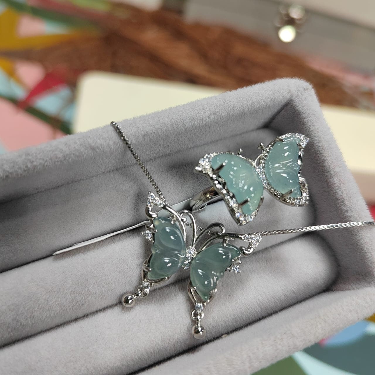 Natural Untreated Guatemala A-Grade Ring & Necklace Set Guatemala Natural Icy Ocean Blue Jadeite "Butterfly" Pendant on 18k White Gold Plate - SL Precious