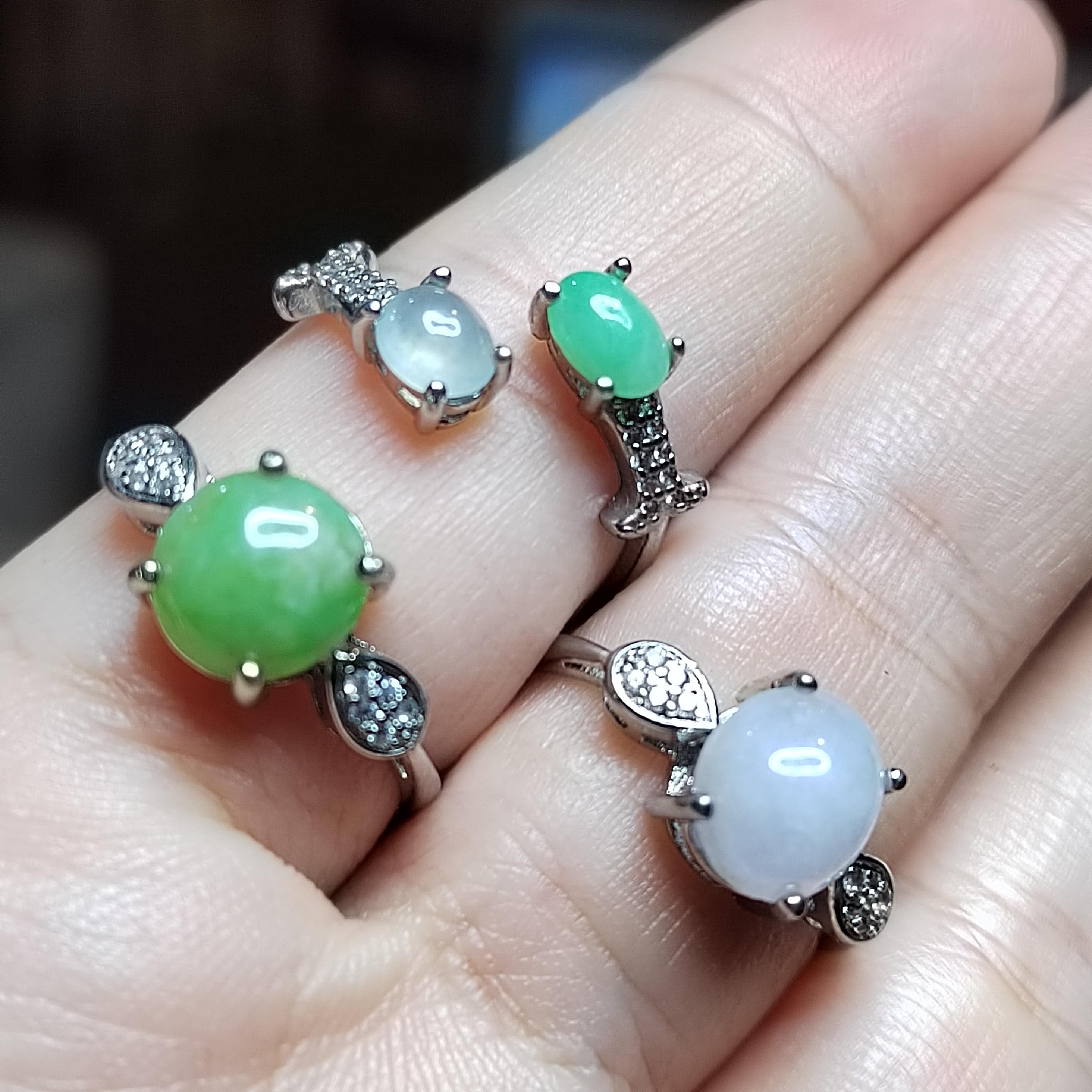 Burmese Jadeite Ring Set: Sterling Silver, Zircon Accents SL411