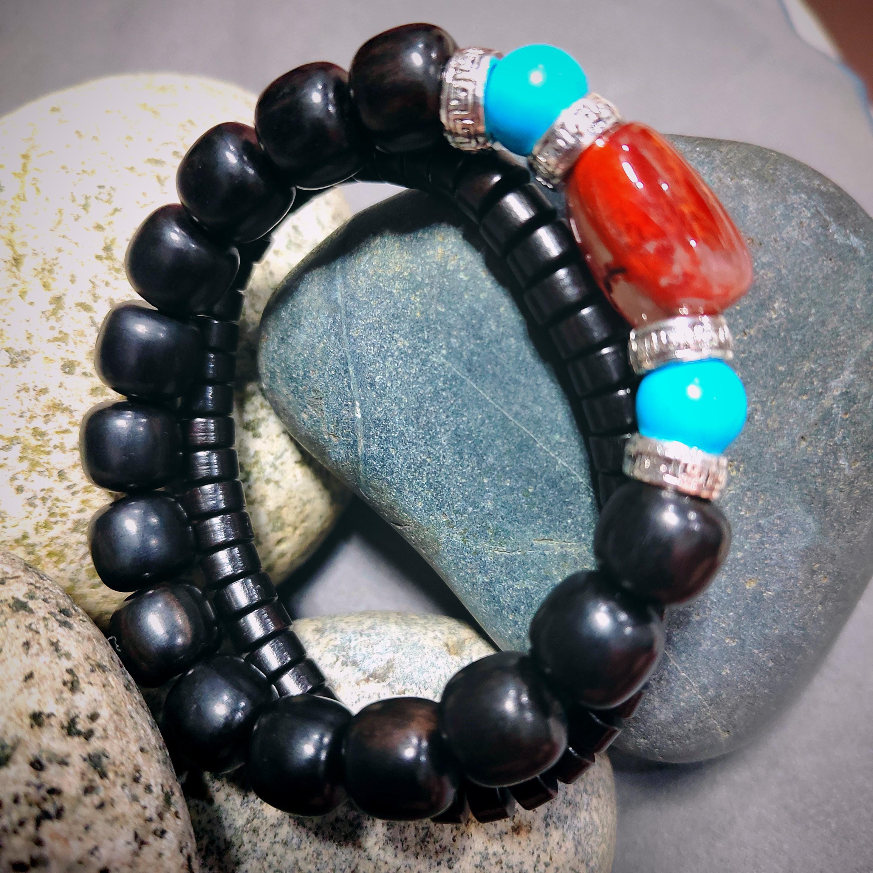 Handmade Ebony Wood Bead Bracelet Set |Unisex Jewelry with Silver and Natural Nanhong Tourmaline| Turquoise Accents SL388