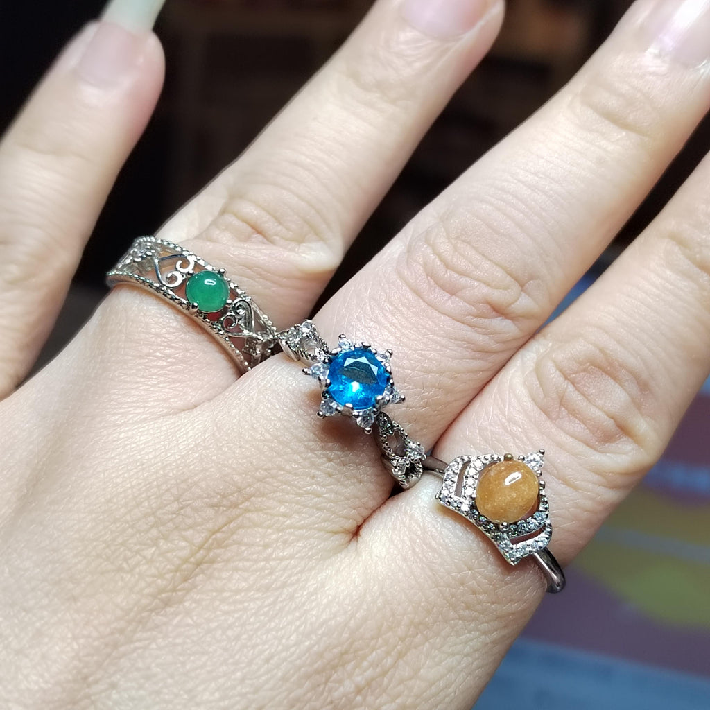 Natural Jadeite & Light Blue Topaz Ring Set | Yellow, Green, Sky Blue Stones | Gold Plated Brass | Gift Ready SL410 - SL Precious