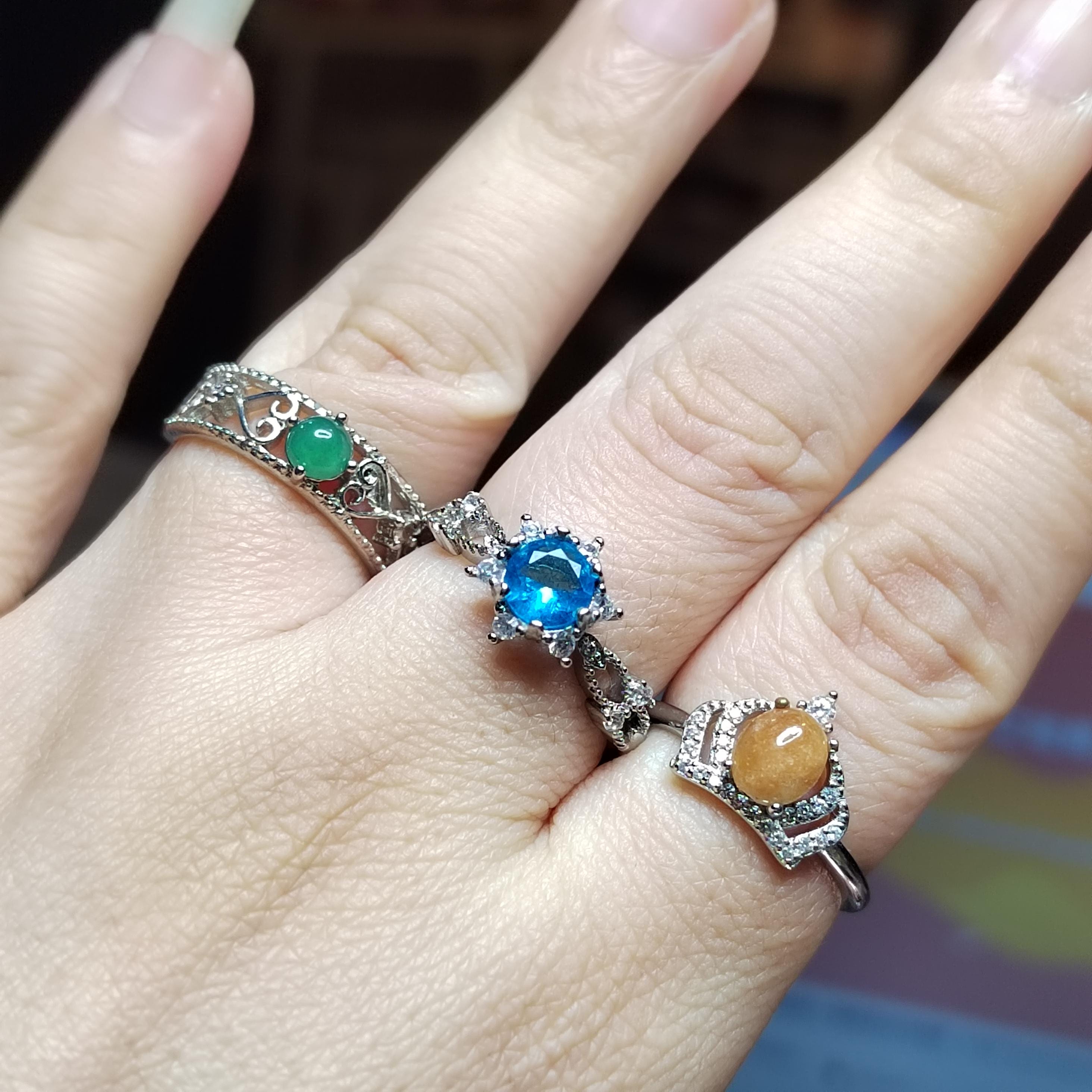Natural Jadeite & Light Blue Topaz Ring Set | Yellow, Green, Sky Blue Stones | Gold Plated Brass | Gift Ready SL410 - SL Precious