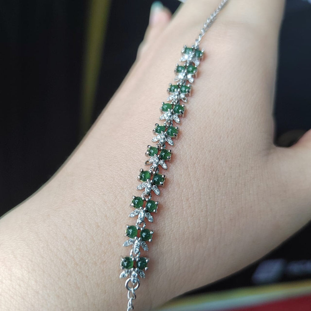 A-Grade Guatemala Small Icy Green Jadeite Beads with Zirconia Stones "Butterflies" on 925 Silver Bracelet SL029