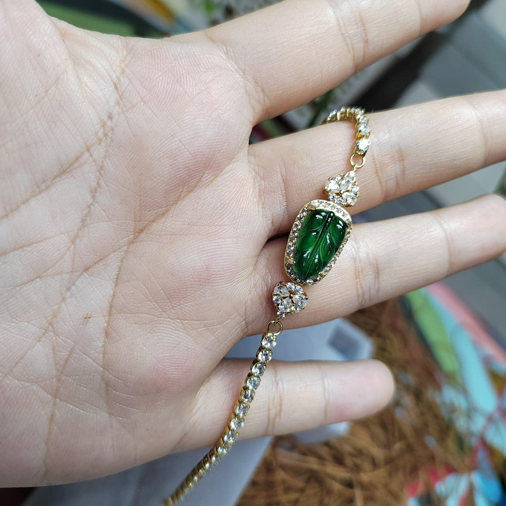 A-Grade Women Natural Gemstone Guatemala Imperial Geen Leaf Jadeite with Zircon on Gold Plated Bracelet For Her SL044