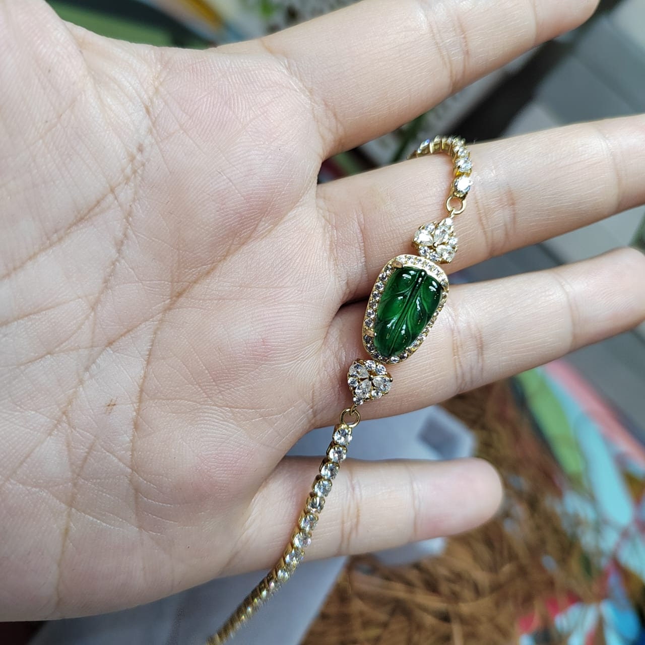A-Grade Women Natural Gemstone Guatemala Imperial Geen Leaf Jadeite with Zircon on Gold Plated Bracelet For Her SL044