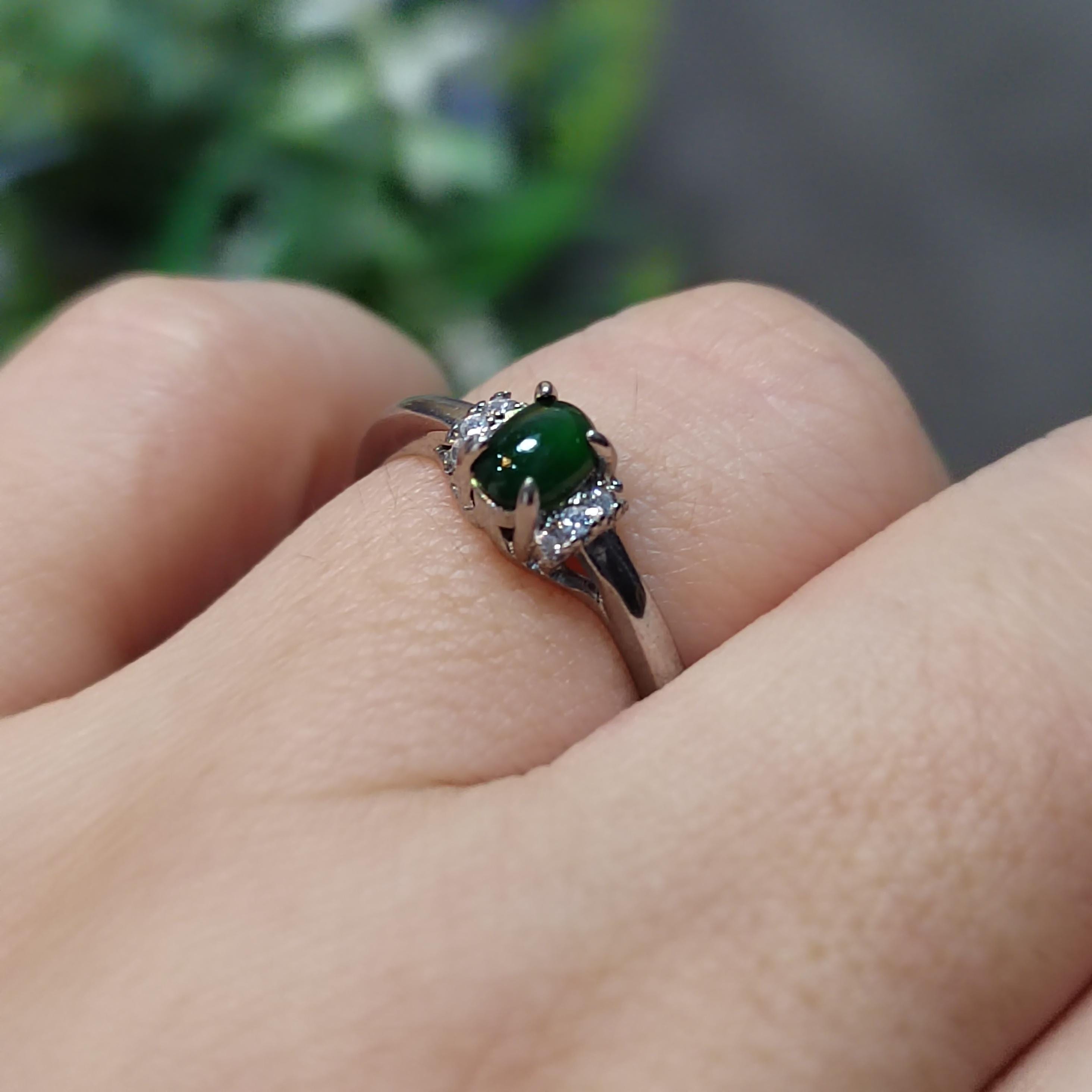 A Grade Certified Burmese Dark Blue Green Natural Untreated Jadeite with Zircon Accents S925 Ring 天然缅甸老蓝水料 SL104G