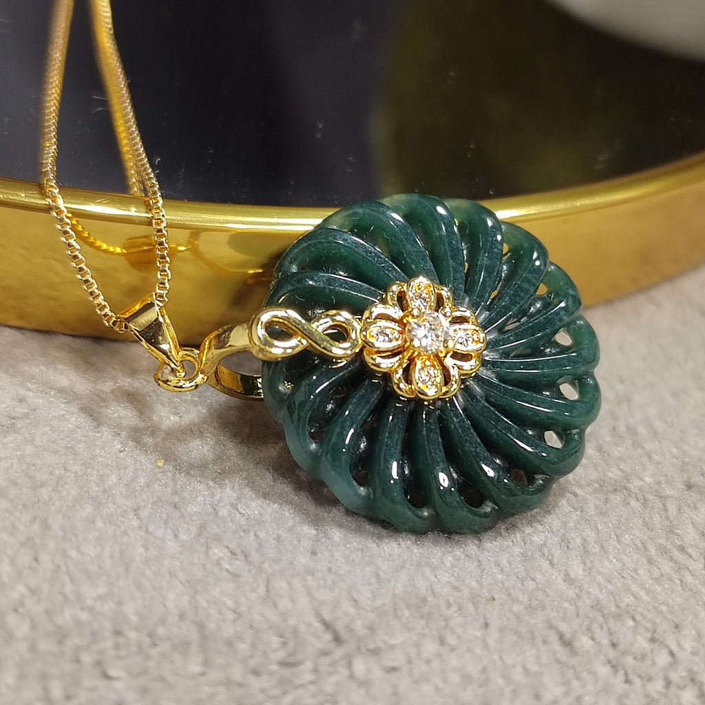 Hand Carved Guatemala Round Flower Lucky Spin Dark Green Natural Untreated Jadeite Pendant SL076 - SL Precious