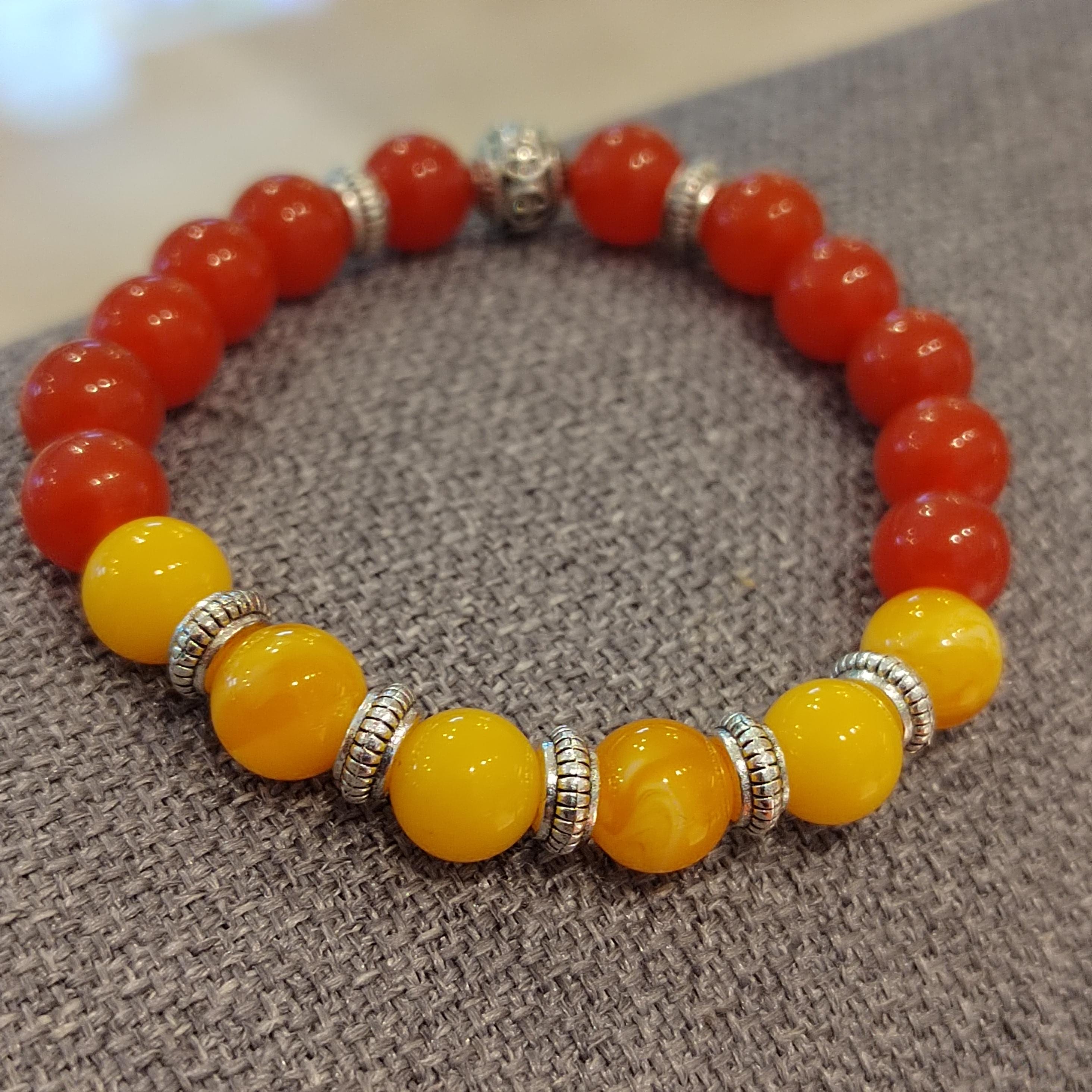 Natural Handmade Russian Baltic Beeswax Amber & Sichuan Baoshan Nanhong Agate S999 Spacer Beads Bracelet Gifts SL325 - SL Precious