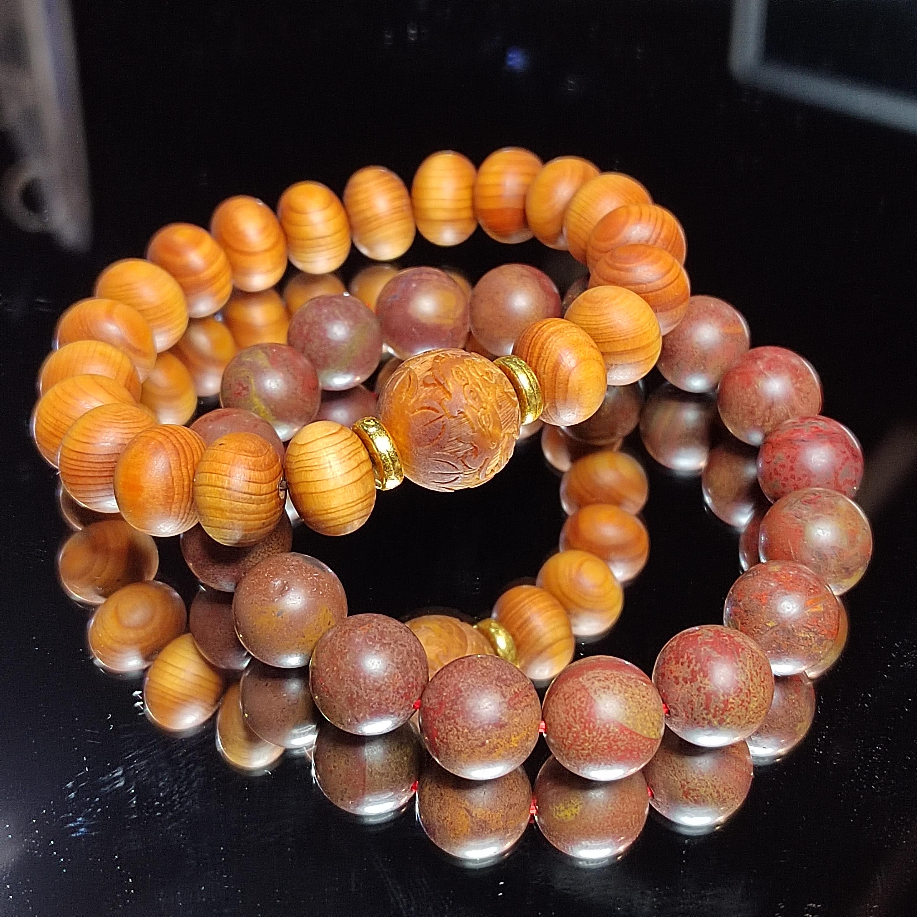 2pcs Set Unisex Natural Wood & Aromatic Bead Bracelets | Ebony Thuja with South Red Agate Accent | Handmade Gift for Him or Her SL416