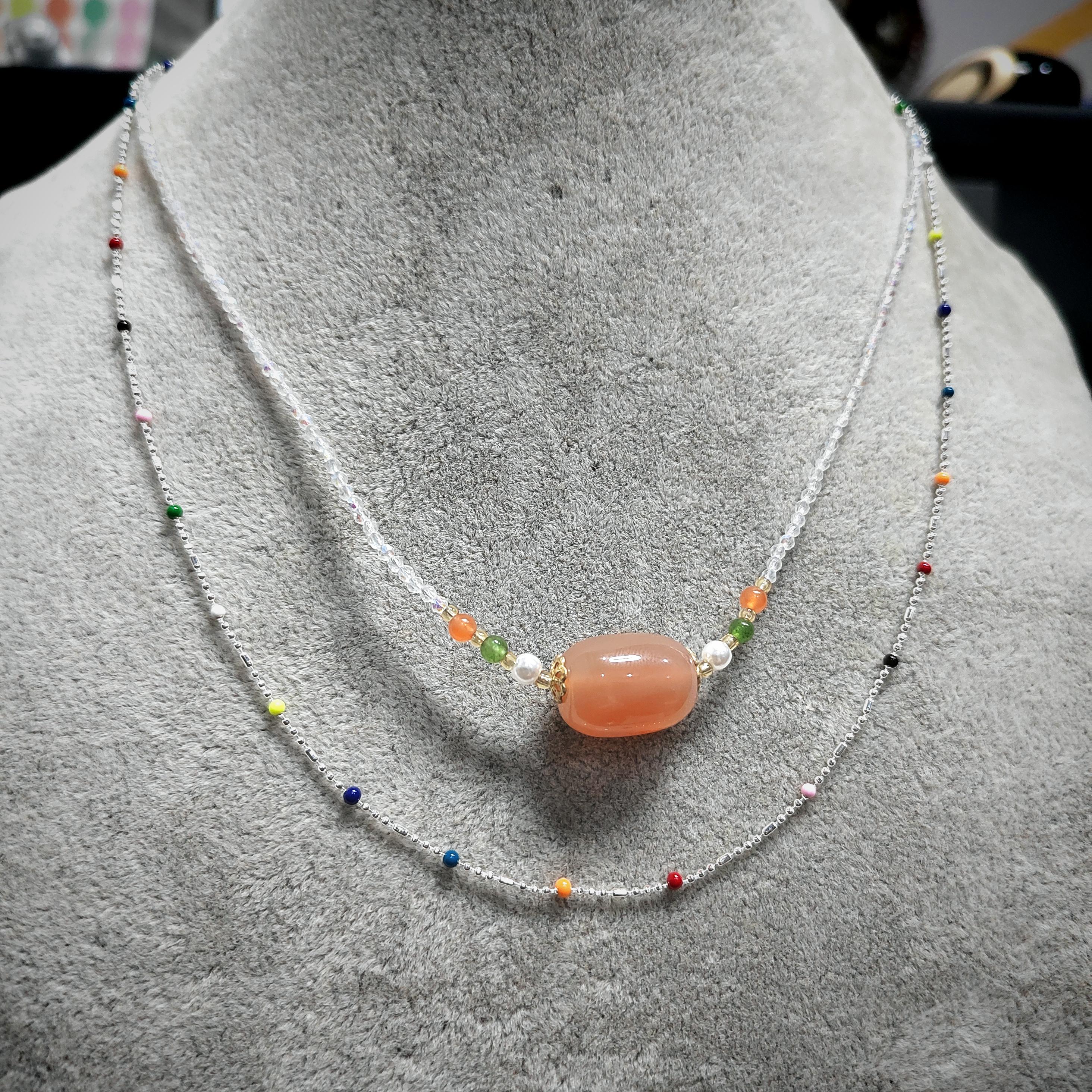 2pcs Set Natural Yanyuan Agate Clean Quartz Bead Necklaces & S9999 Pure Silver Colorful Beads Design SL299