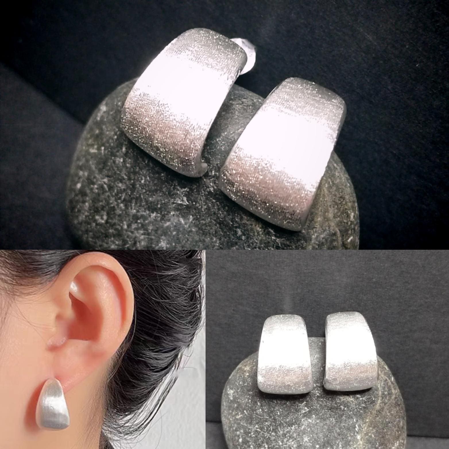 Silver earrings displayed on a dark stone surface and worn by a person.
