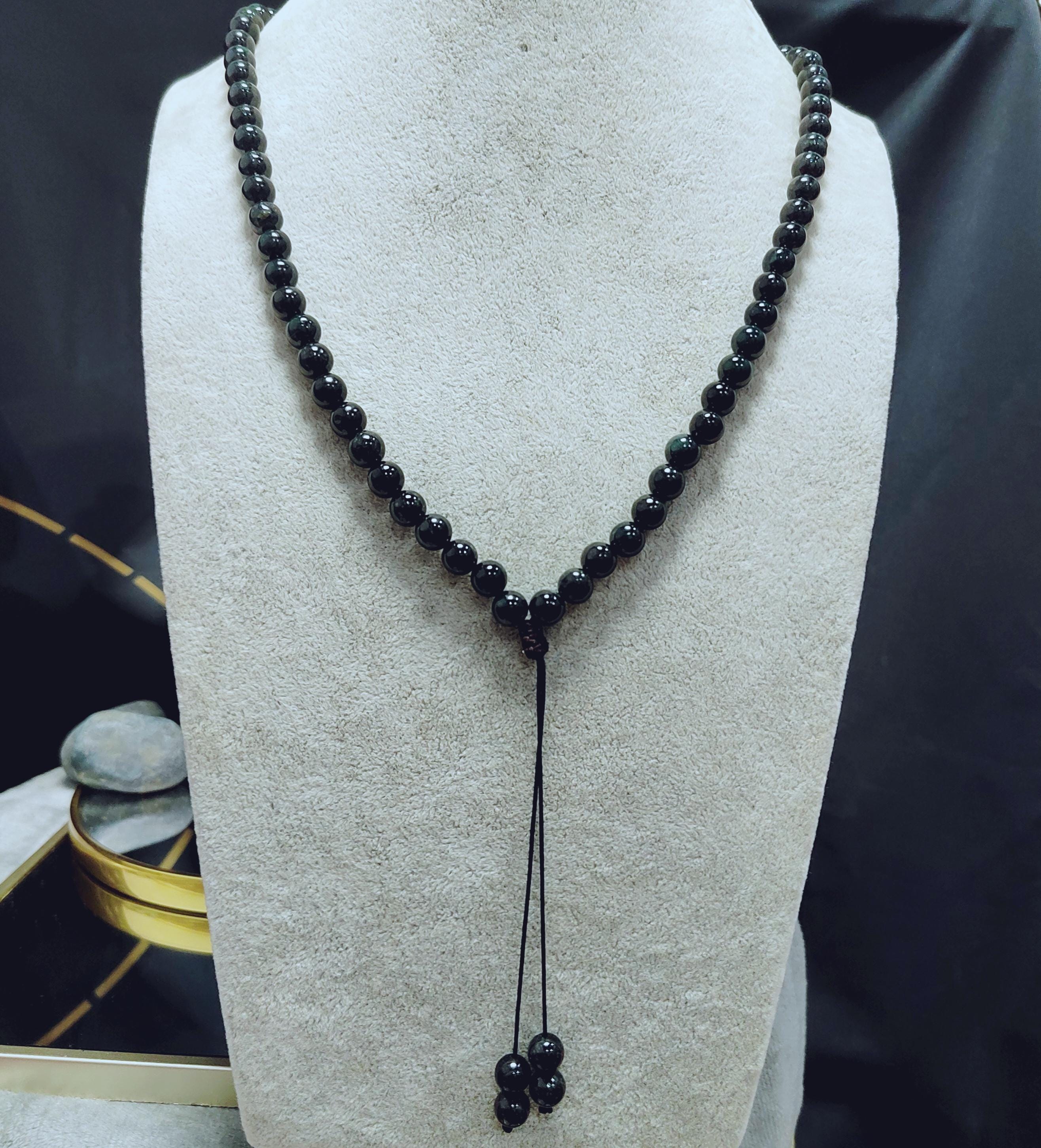 Burmese Black Ink Jadeite Bead Necklace: Natural A-Grade, 8mm FREE 10mm Bead Bracelet SL361NB