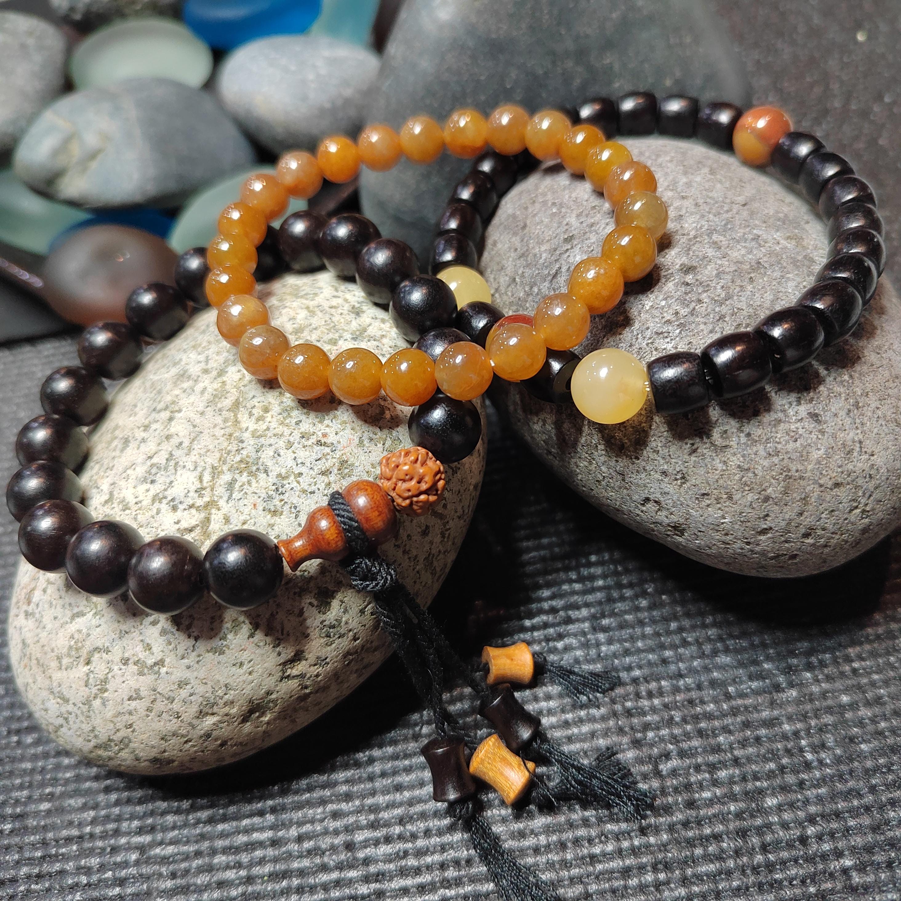 Burmese Yellow Jadeite Bracelet Set: HuangLong Jade & Ebony Wood SL423