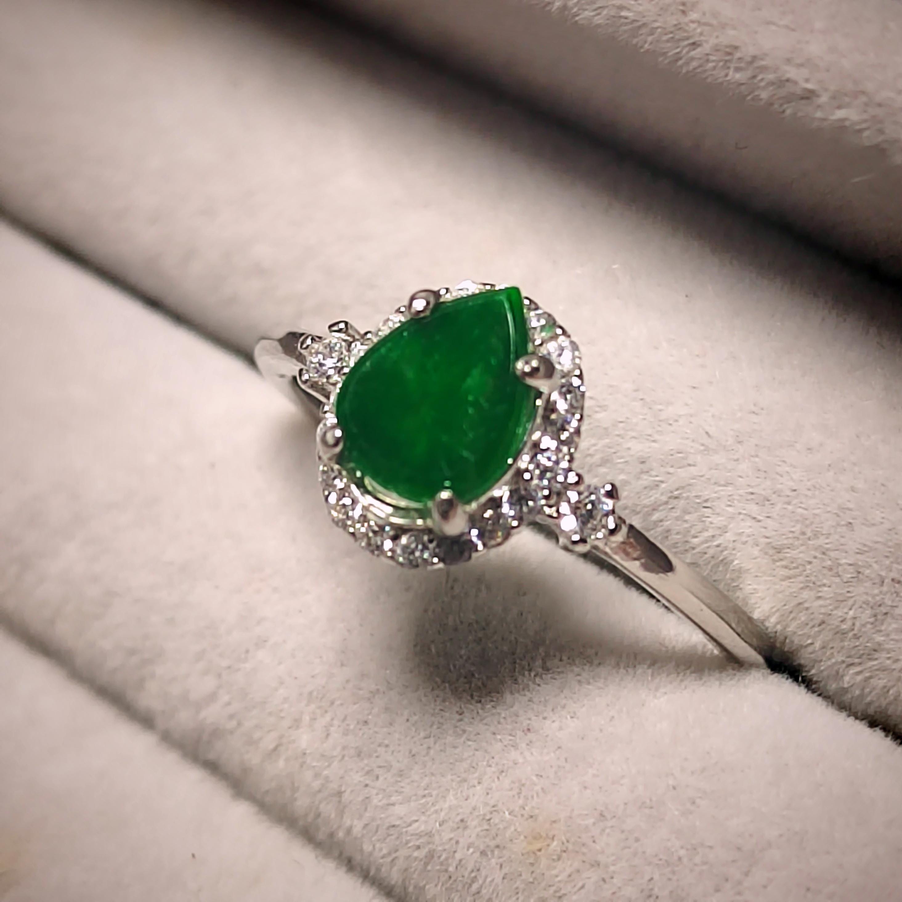 Certified A-Grade Natural Untreated Burmese Elegant Tear Drops Imperial Green With Zircon Set S925 Sterling Silver Jadeite Ring SL243X2 - SL Precious