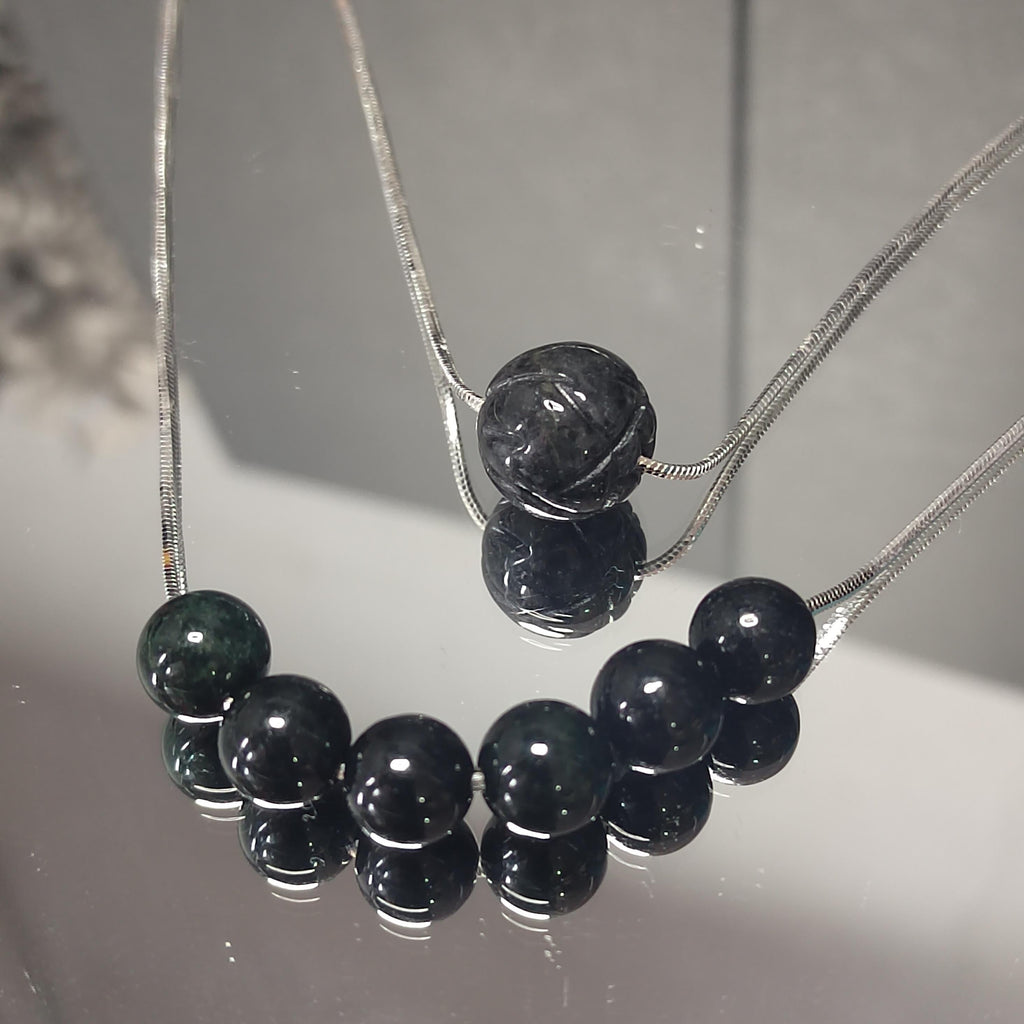 Burmese Black Jadeite Lotus Necklace: S9999 Silver Minimalist Chain SL330 / SL330B
