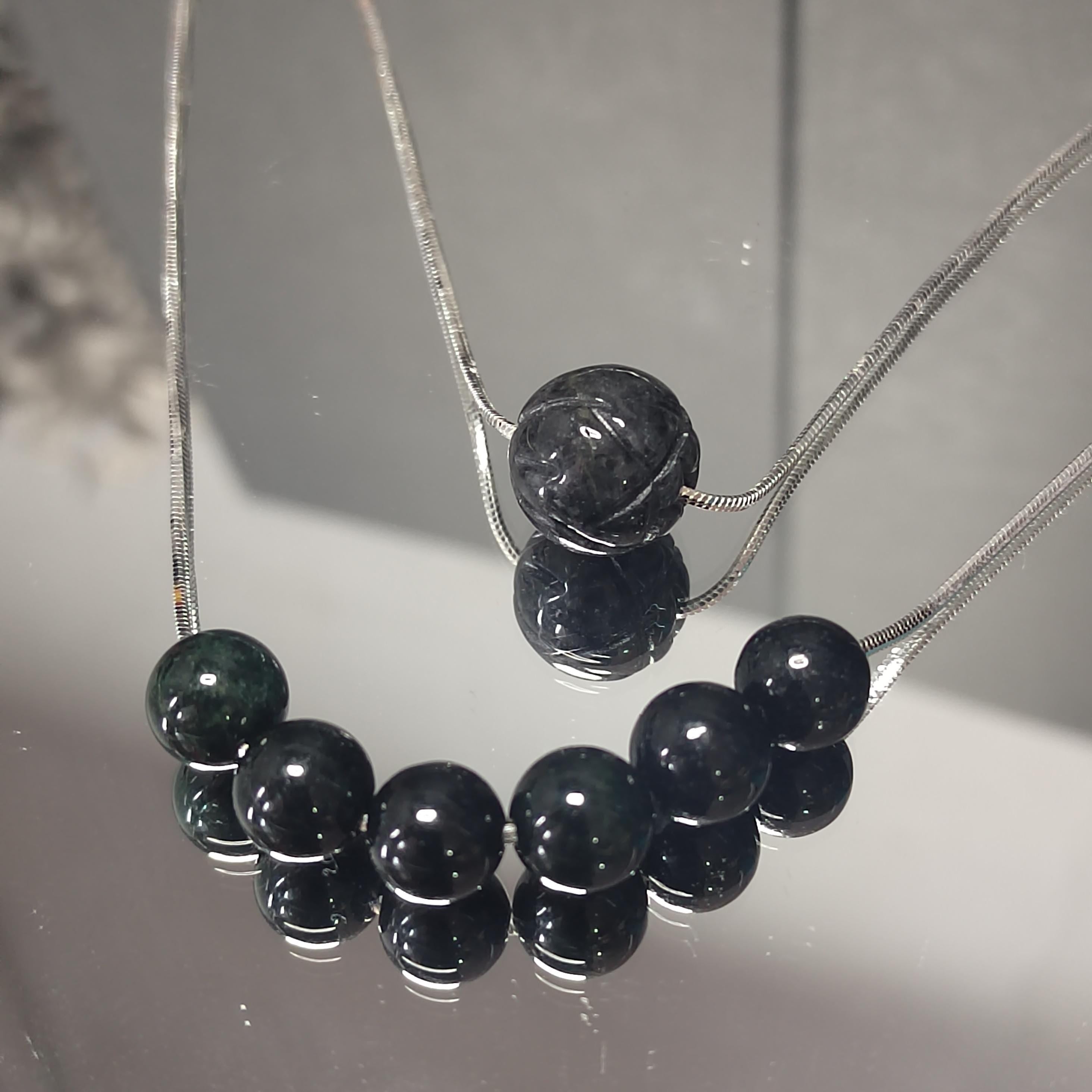 Burmese Black Jadeite Lotus Necklace: S9999 Silver Minimalist Chain SL330 / SL330B