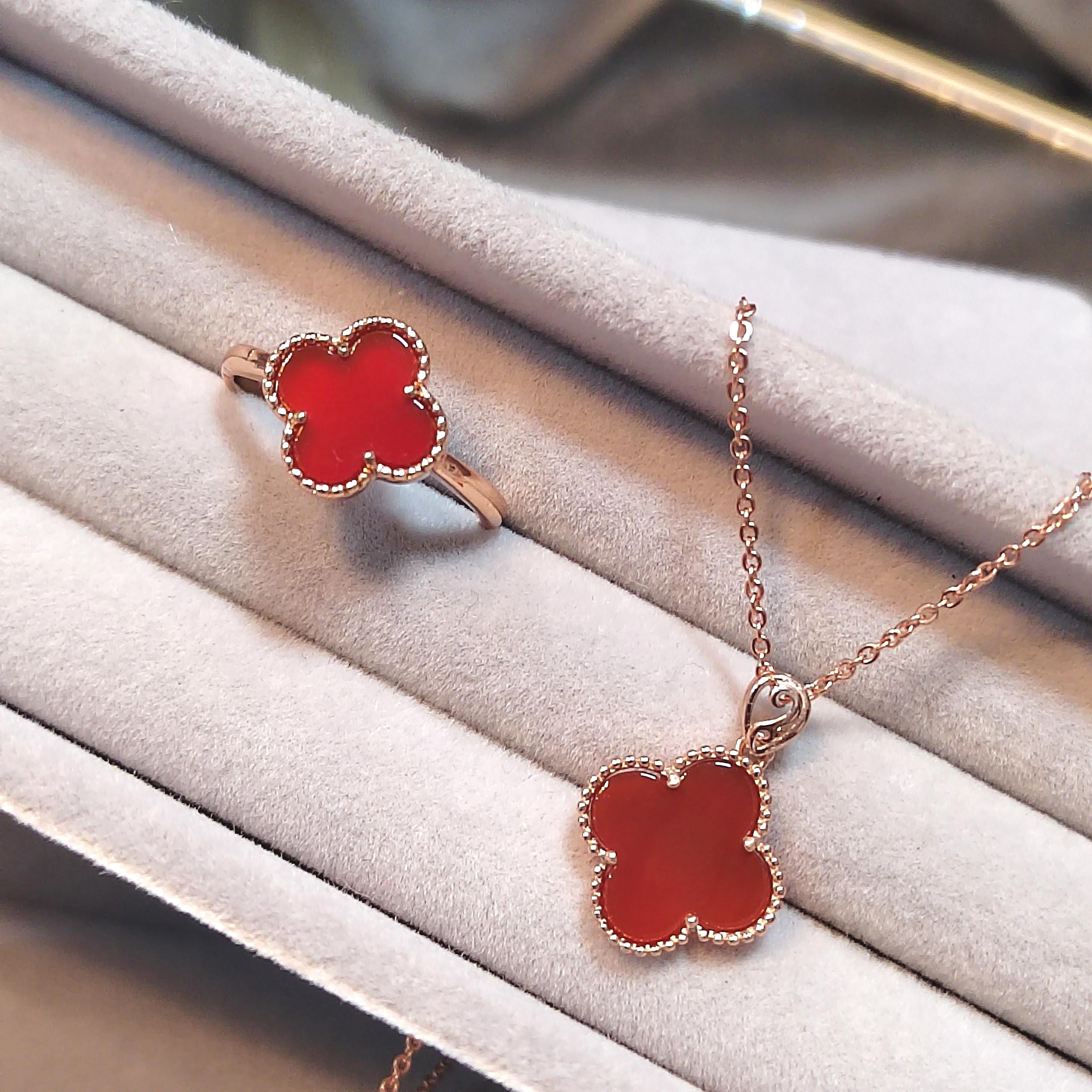 2pcs Set Lucky Flower Natural Red Nanhong Agate Rose Gold Plated on S925 Sterling Silver Ring and Pendant/Chain SL164 南红玛瑙