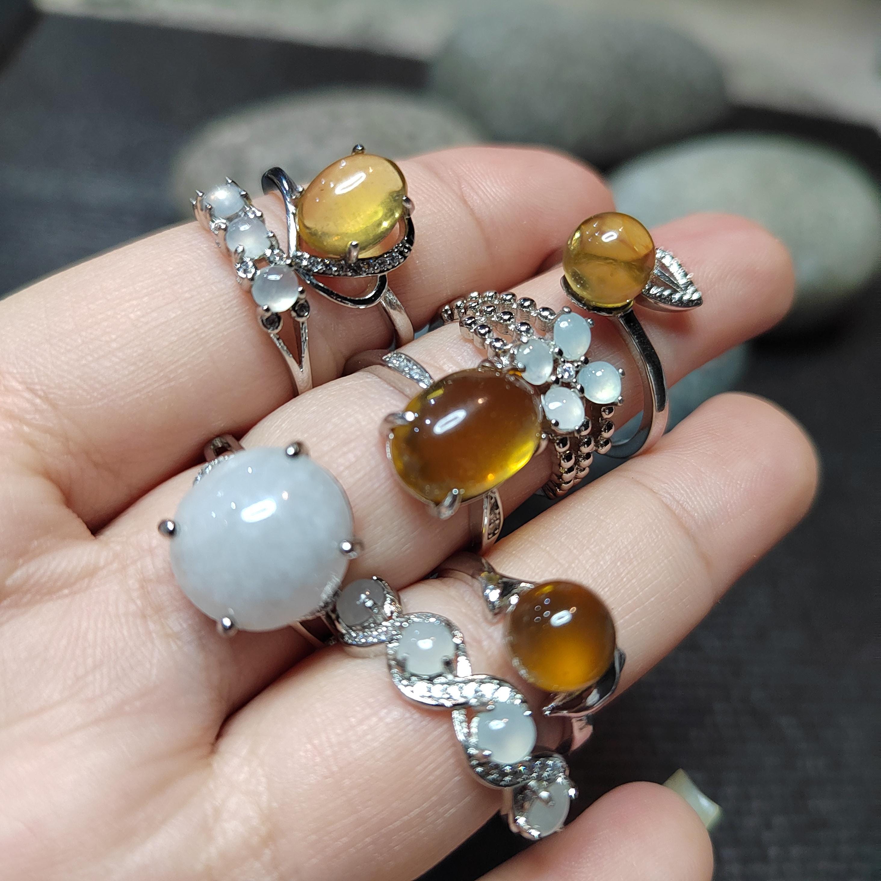 Burmese Blue Amber & Jadeite Ring Set: 18K Gold-Plated S925 Silver, Adjustable SL417