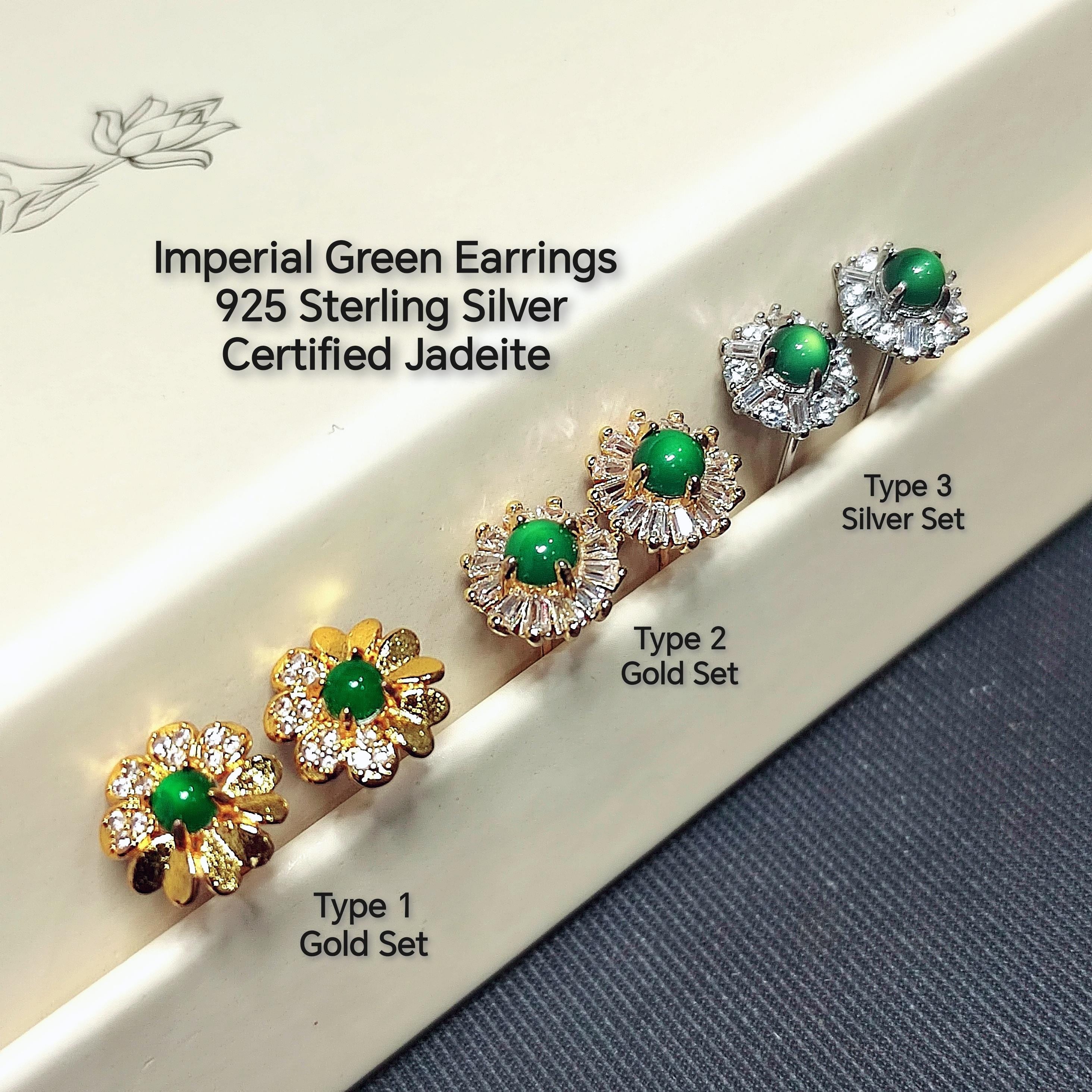 Certified 3 Different Types Natural  Imperial Green Minimalist Stud Guatemala Jadeite Earrings 18k Plated on 925 Sterling Silver SL349x29