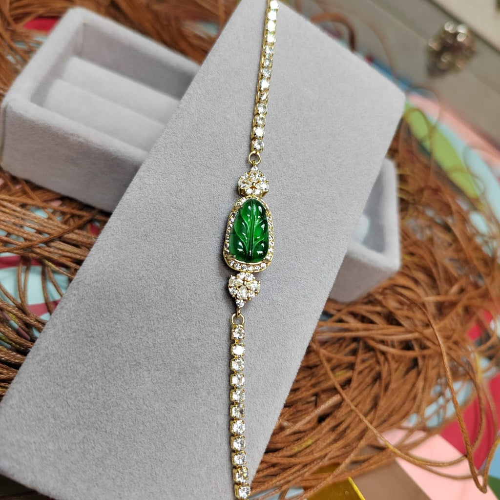 A-Grade Women Natural Gemstone Guatemala Imperial Geen Leaf Jadeite with Zircon on Gold Plated Bracelet For Her SL044