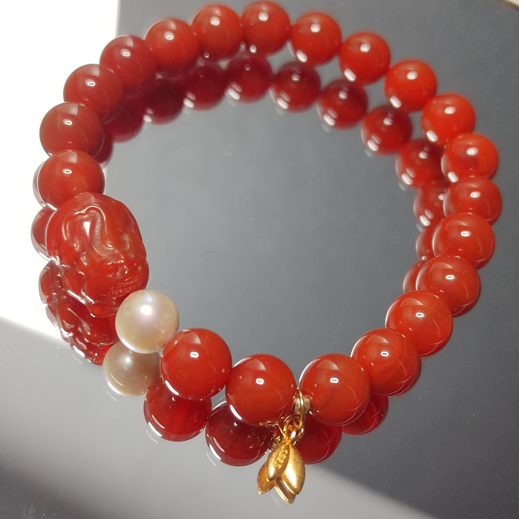 Certified Natural Untreated China Baoshan Southern Red Oily Nanhong Agate Brave Troops Bead, Fresh Water Pearl l, S925 Leaf Bracelet SL281