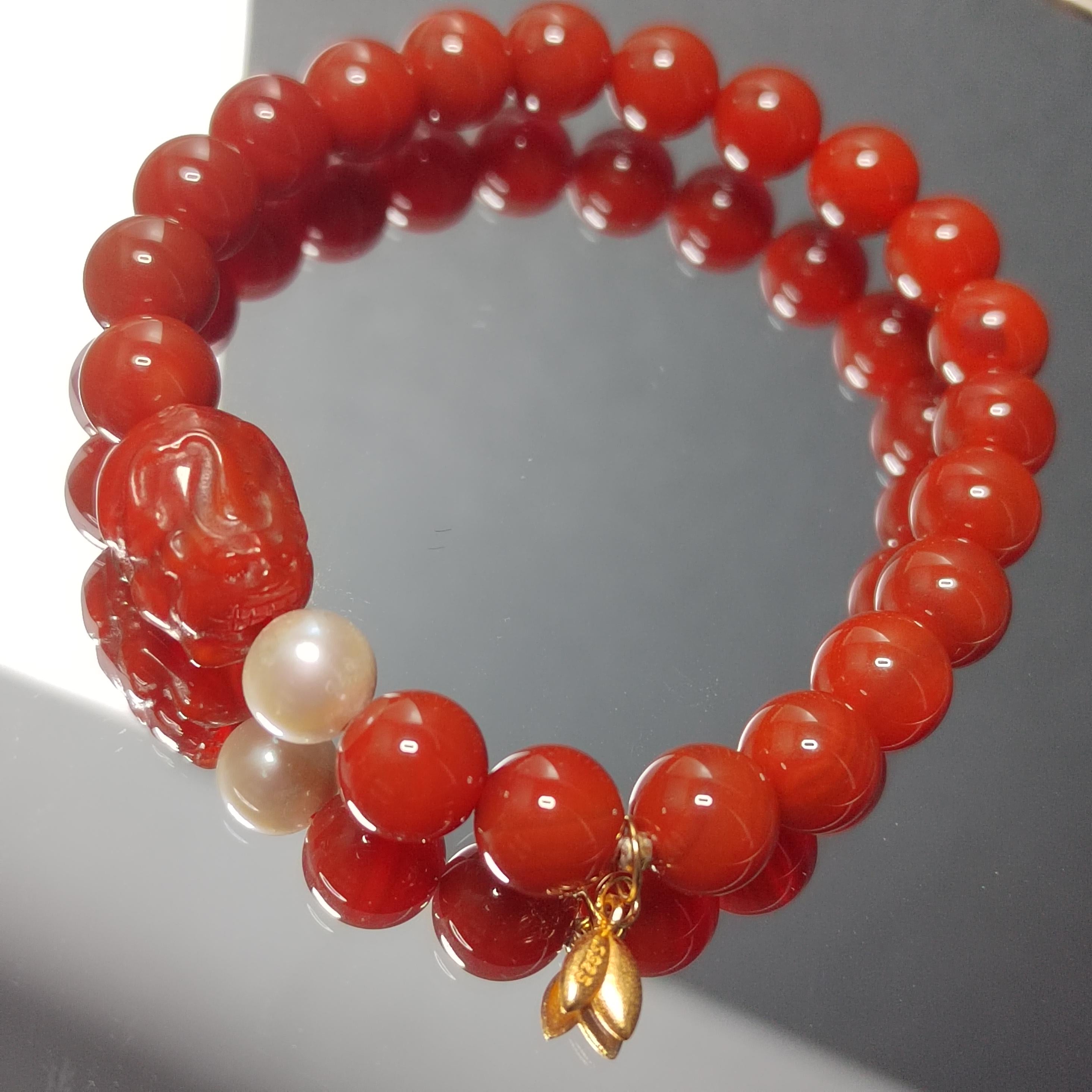 Certified Natural Untreated China Baoshan Southern Red Oily Nanhong Agate Brave Troops Bead, Fresh Water Pearl l, S925 Leaf Bracelet SL281