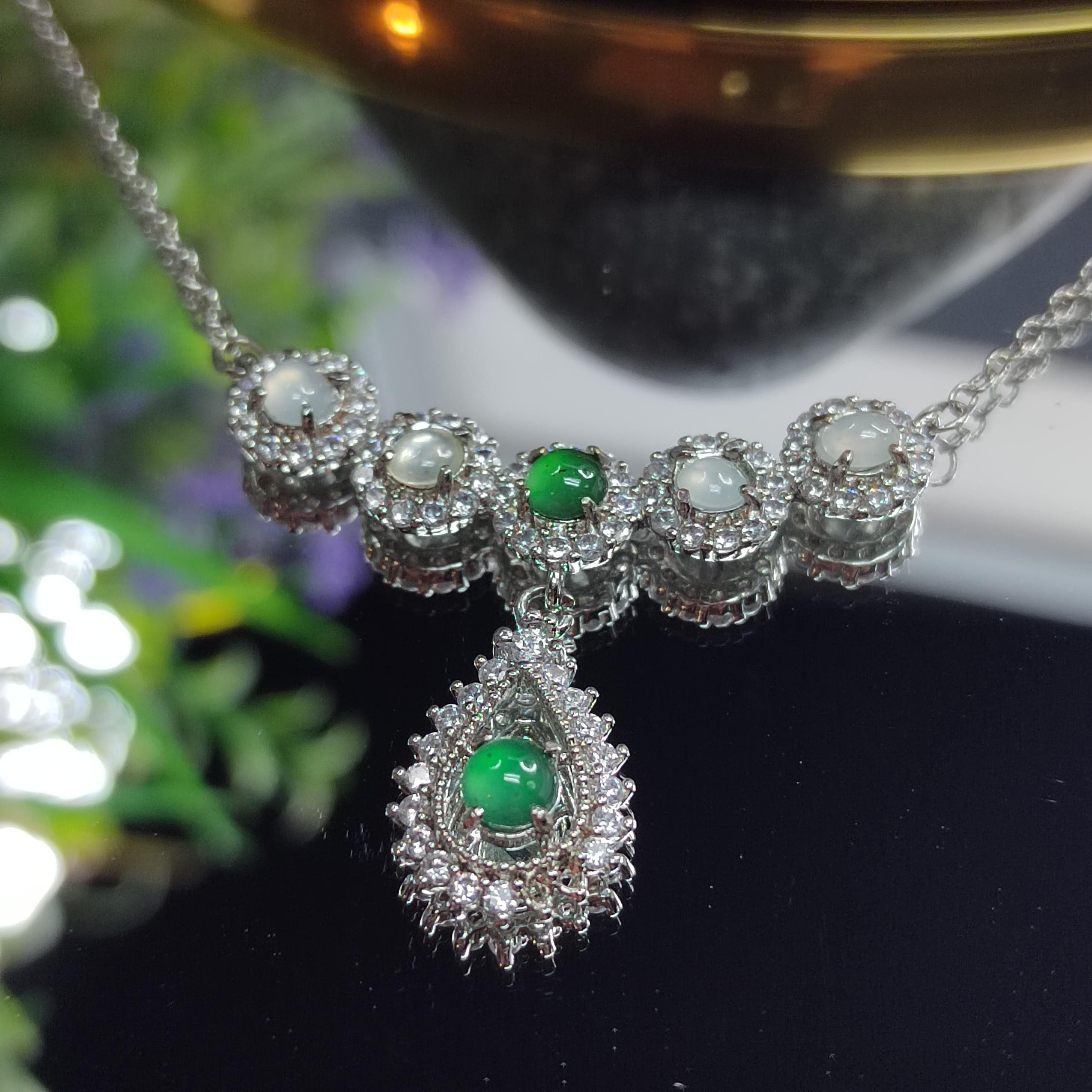 Natural Untreated A-Grade Icy White Apple Green Jadeite V-Neck Necklace | Zircon Accents SL011 - SL Precious