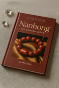 Red book titled 'Nanhong: The Crimson Legacy' with a bracelet image on a beige background