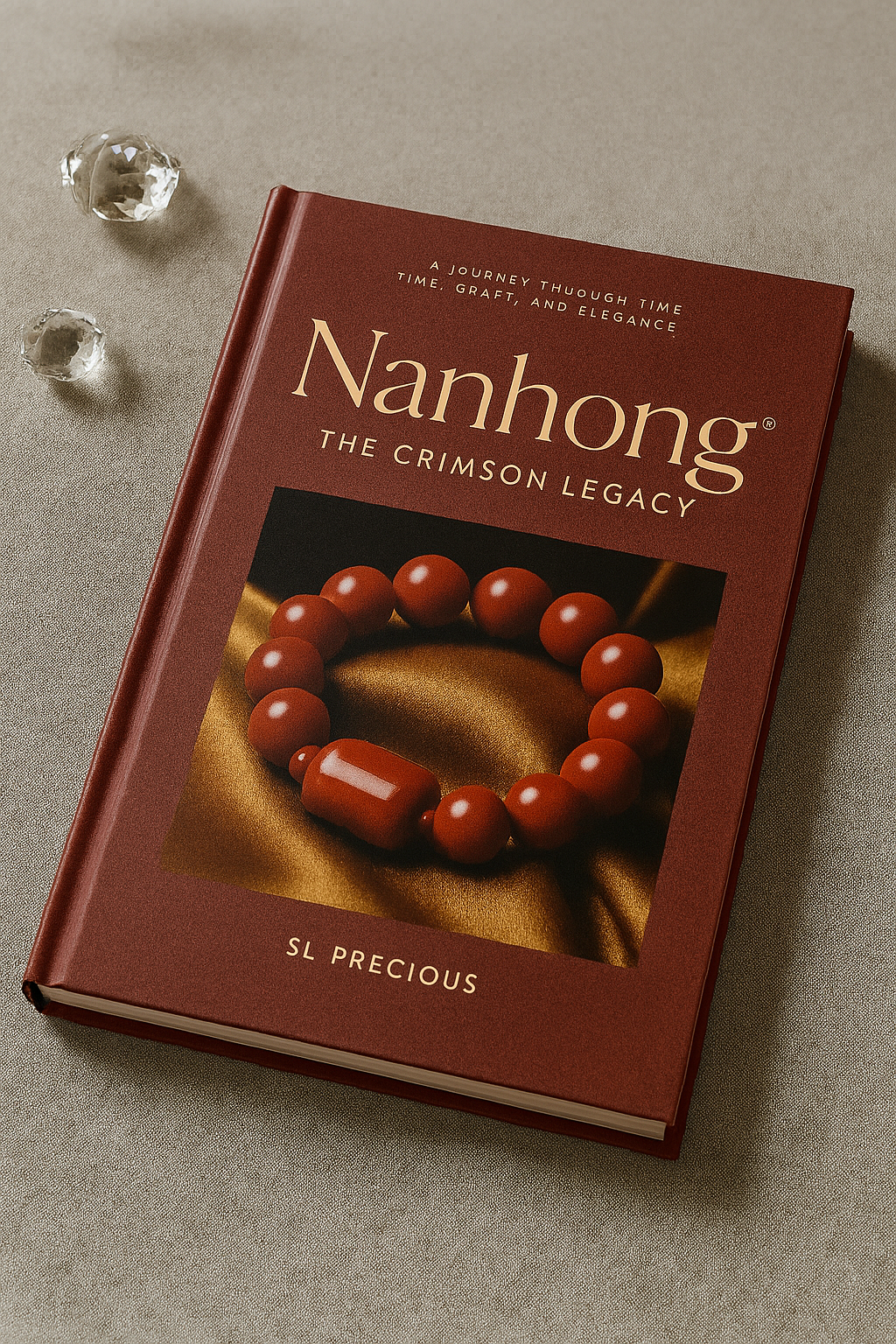 Red book titled 'Nanhong: The Crimson Legacy' with a bracelet image on a beige background