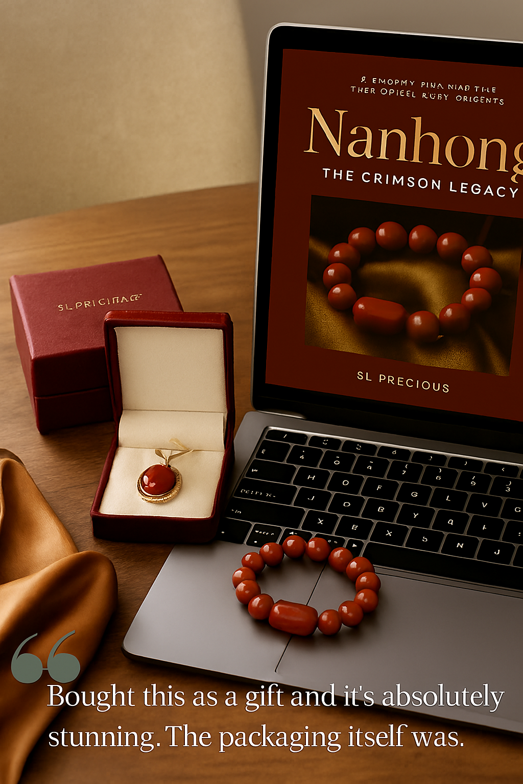 Laptop displaying a book cover with a red bracelet on a wooden surface
