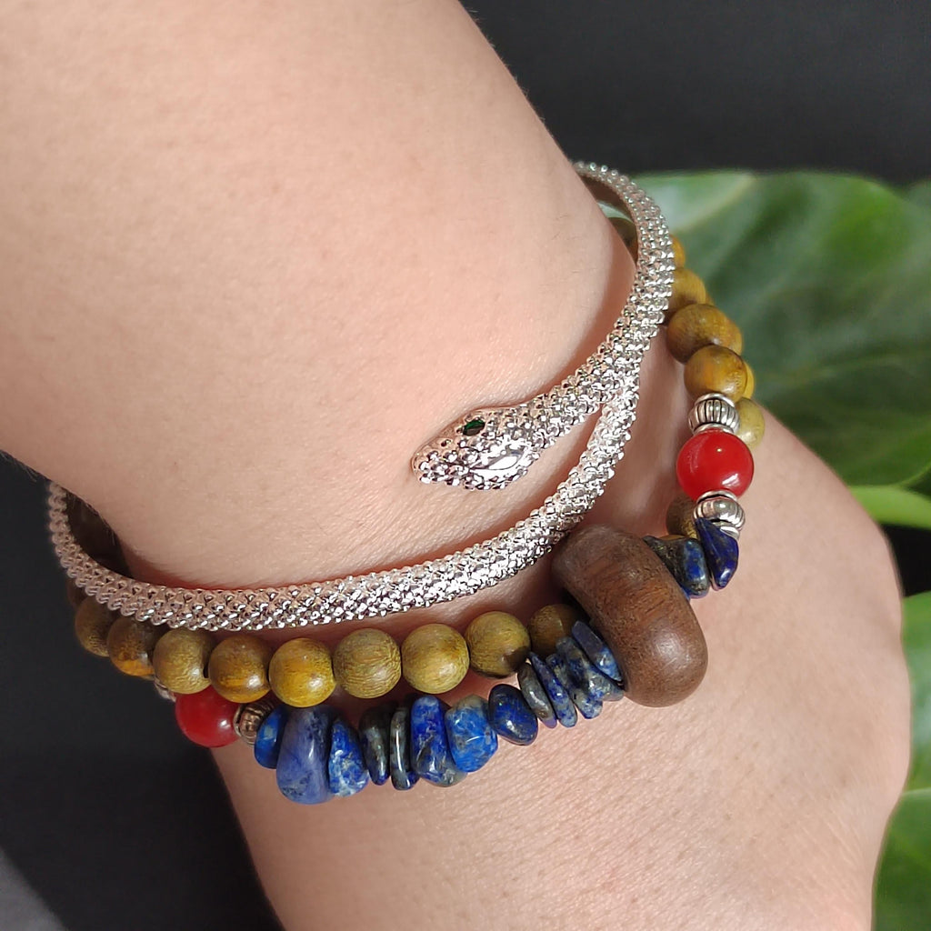 Handmade Stacking Bracelet Set | Ebony, Sandalwood, Pearl & Lapis with Natural Agate Beads | SL404