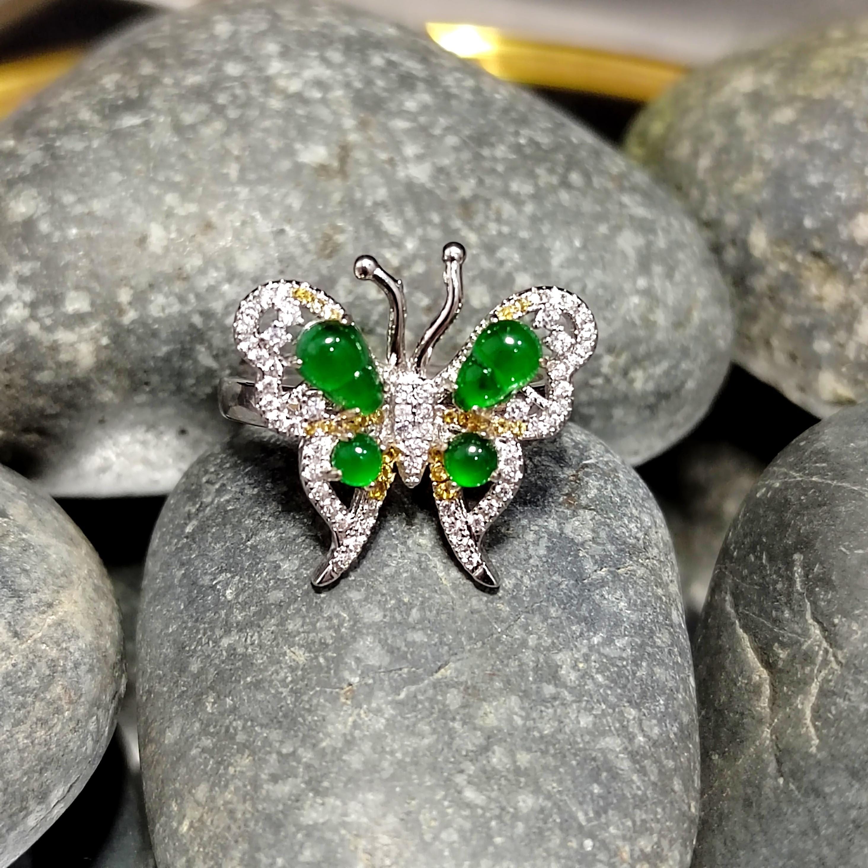 Certified Natural Untreated Burmese Imperial Green Elegant Butterfly Zircon S925 2 Tones Silver Gold Jadeite Ring(1pc) SL367x35