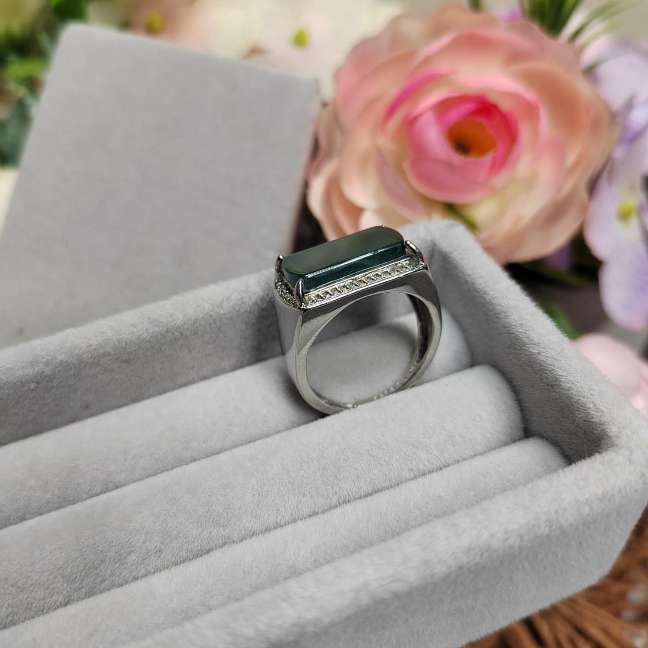 Green Guatemala Jade Zircon Accent Statement Ring S925 Silver Plated with 18K White Gold Unisex SL084 - SL Precious