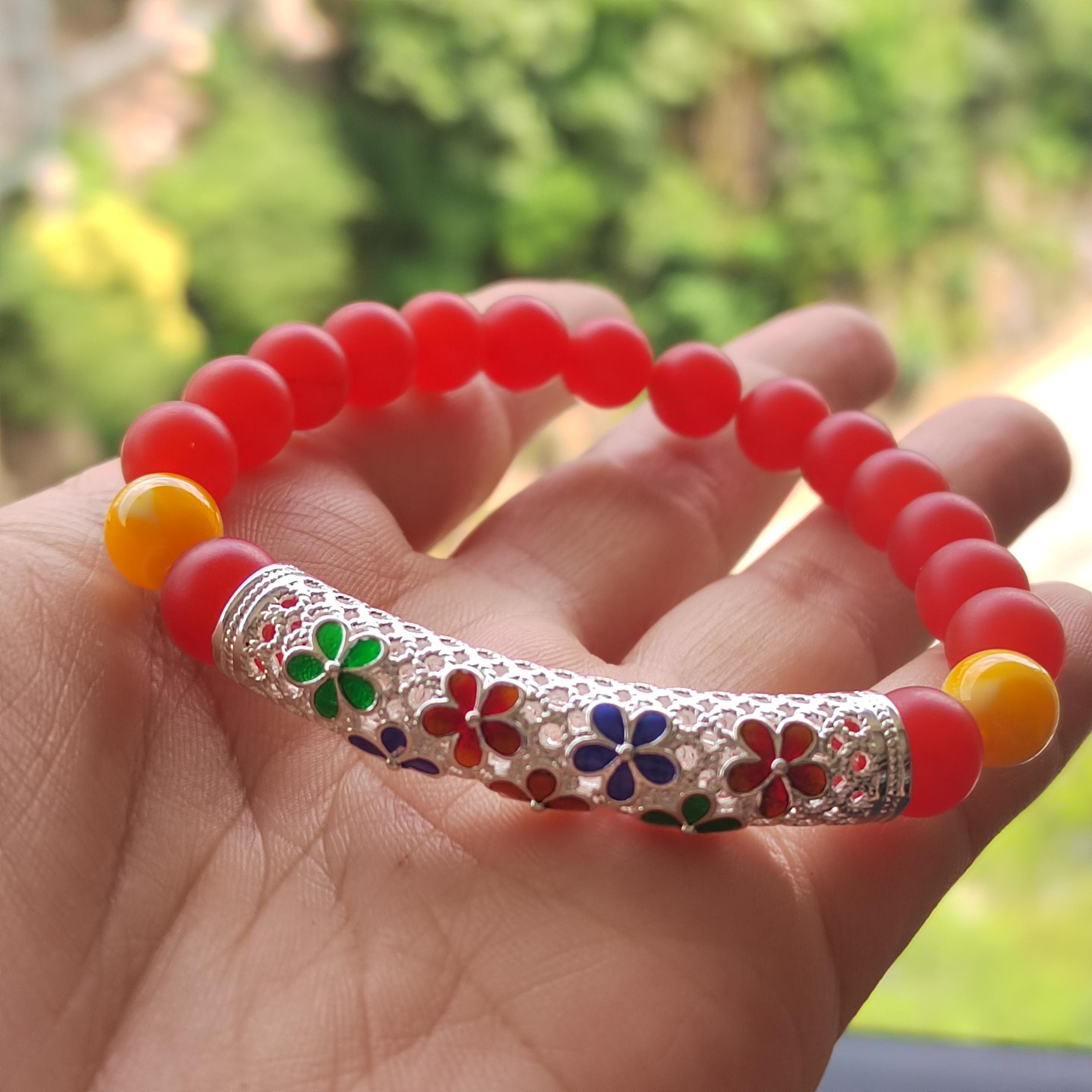 Natural Southern Nanhong Agate Matte, Russia Baltic Beeswax Amber, S9999 Silver Plated Tube Enamel Craftsmanship Bracelet SL334