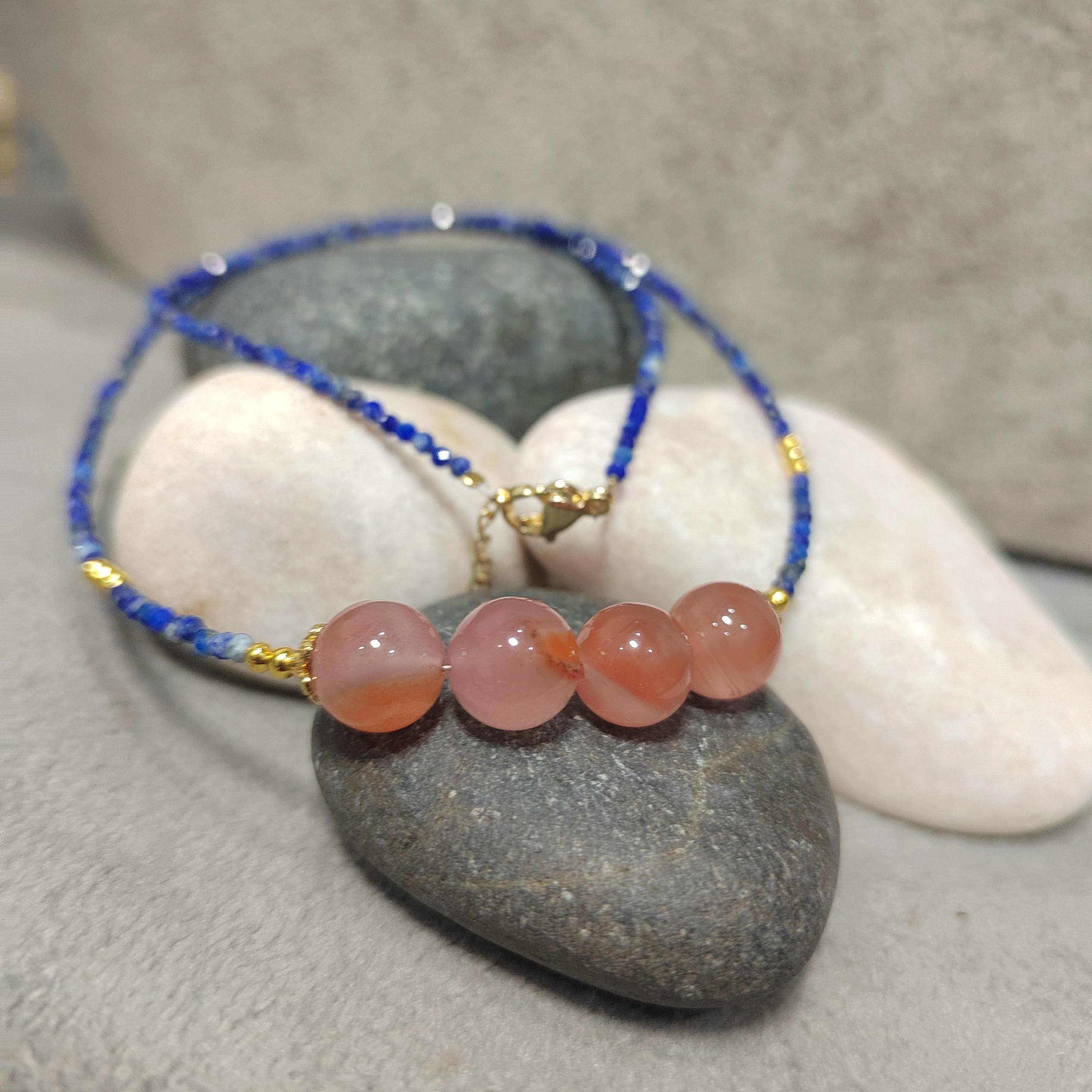 Natural Southern Nanhong Pink Agate & Afghan Lapis Lazuli Necklace, Choker, Bracelet Set SL298