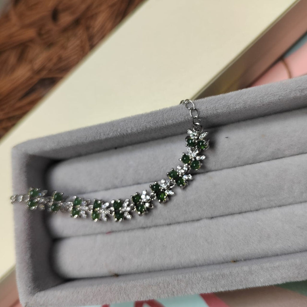 A-Grade Guatemala Small Icy Green Jadeite Beads with Zirconia Stones "Butterflies" on 925 Silver Bracelet SL029