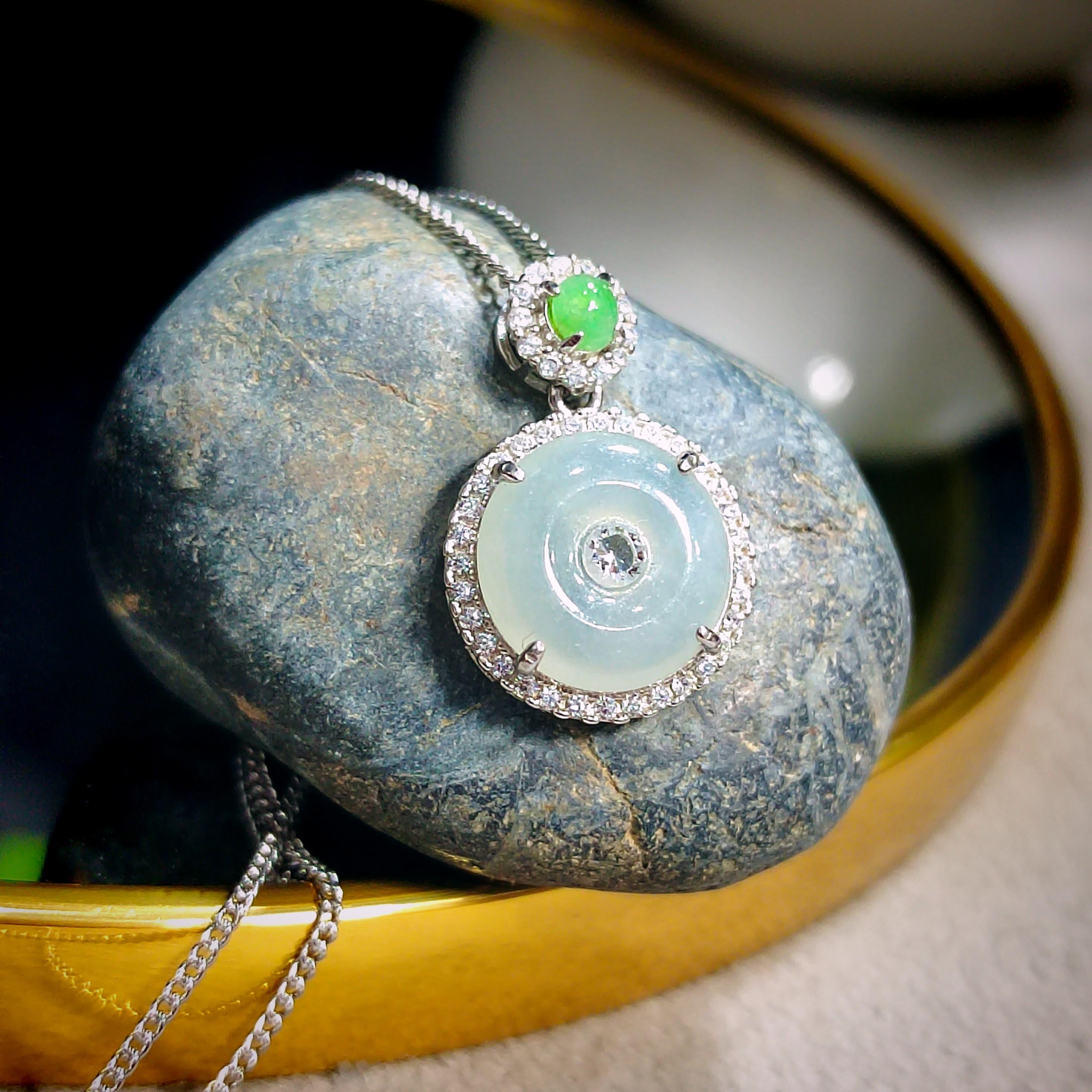 Certified A-Grade Icy White Green Burmese Jadeite Donut Shape Pendant Zirconia on 925 Silver Chain | Minimalist Design | For Her SL8007